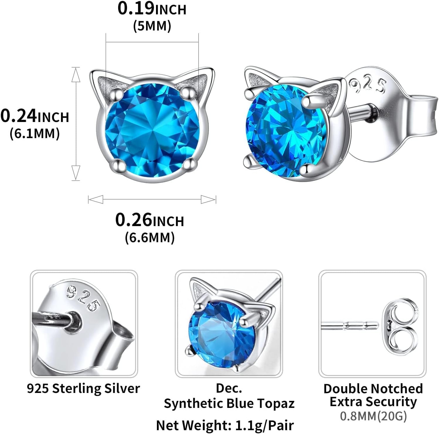 Cute Cat Diamond Birthstone Stud Earrings for women,  december birthstone, Blue Topaz Jewelry, Sagittarius Birthstone,  topaz birthstone, Capricorn Birthstone, christmas gift, gift idea
