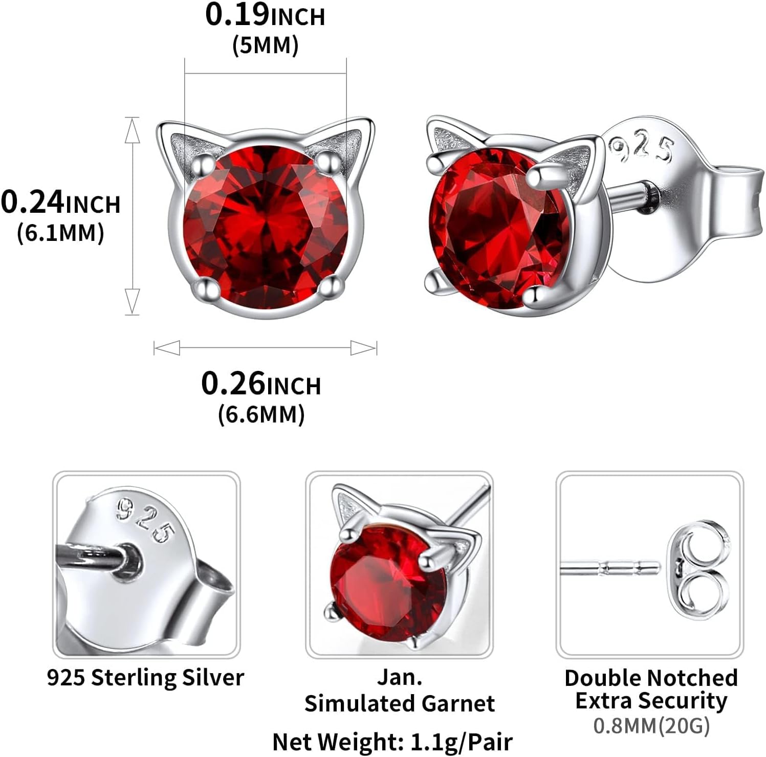 Cute Cat Diamond Birthstone Stud Earrings for women, jan birthstone, Garnet birthstone, Capricorn Birthstone, Aquarius Birthstone, sterling silver jewelry, gift idea