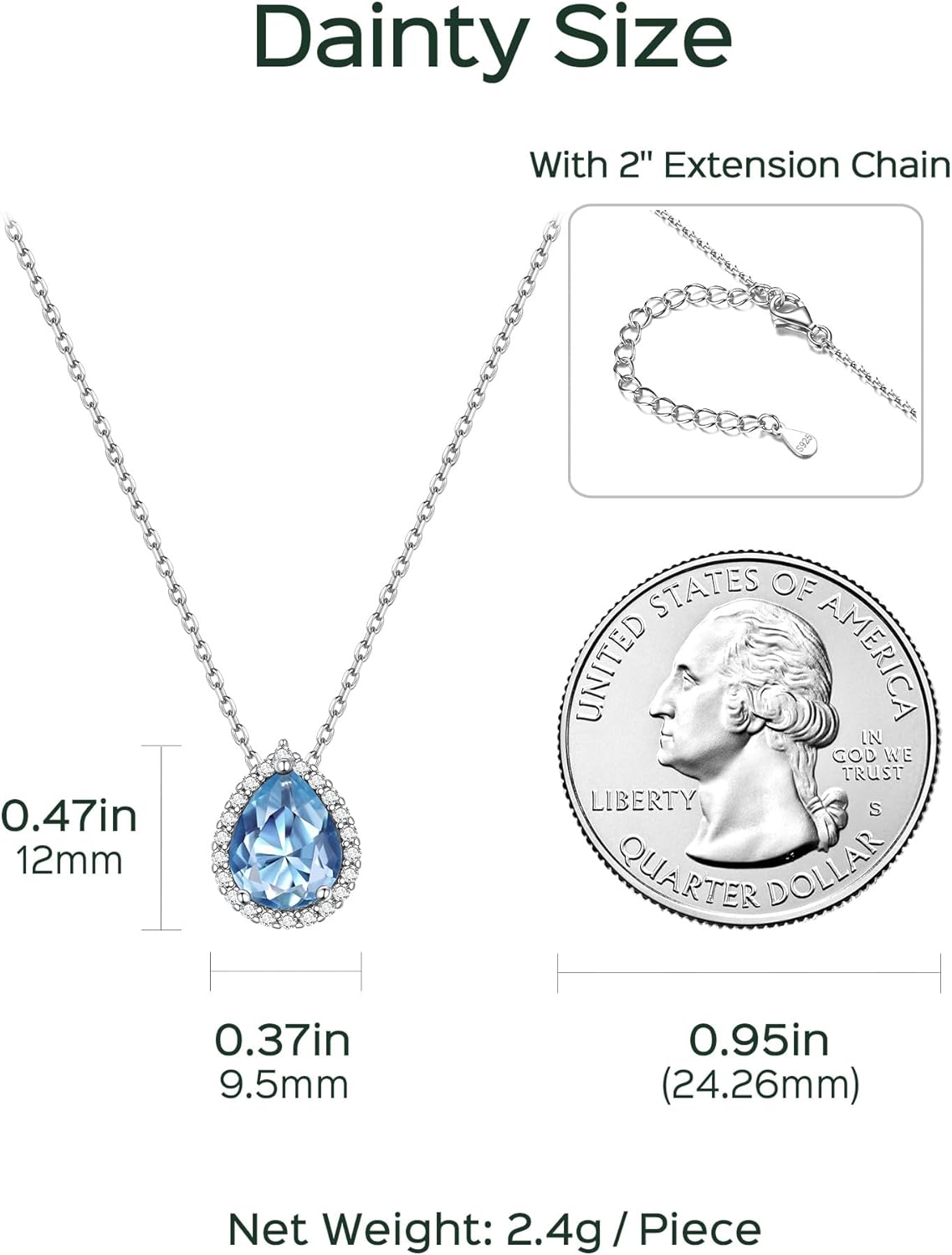 Pear Cut Teardrop Birthstone Diamond Necklace Details: Dimensions, Hypoallergenic, Lobster-Claw-Clasps