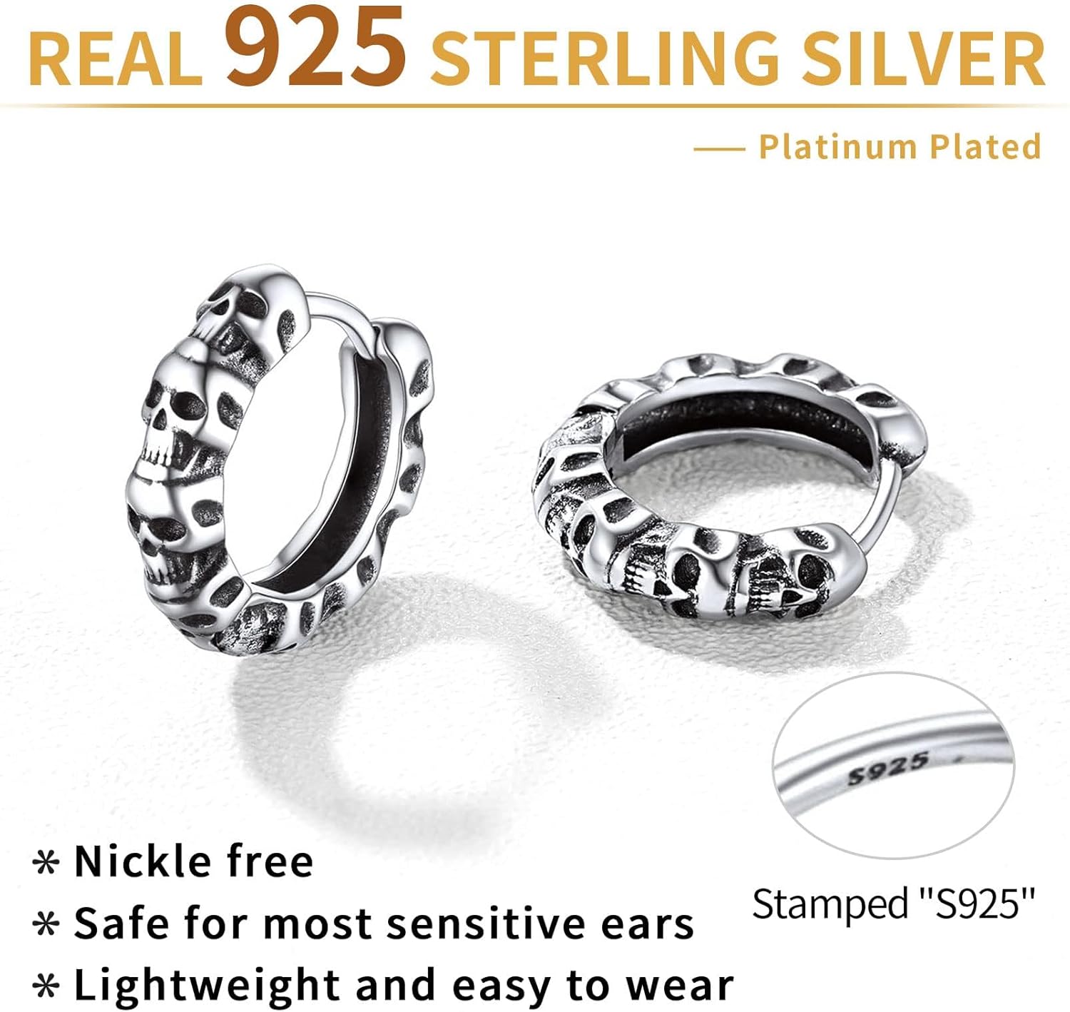 ChicSilver Sterling Silver Punk Rock Gothic Skull Huggie Hoop Earrings