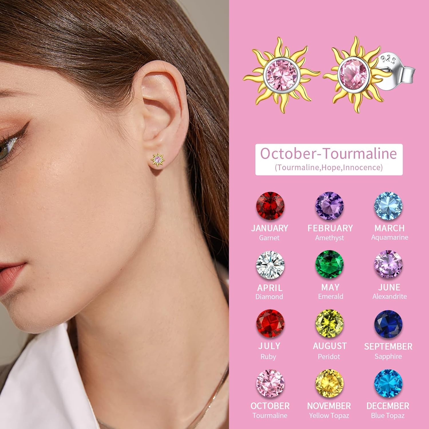 Hypoallergenic Sun Birthstone Earrings for Women, october birthstone, Pink Tourmaline Jewelry, Libra Birthstone, Scorpio Birthstone, sterling silver Jewelry, gift idea