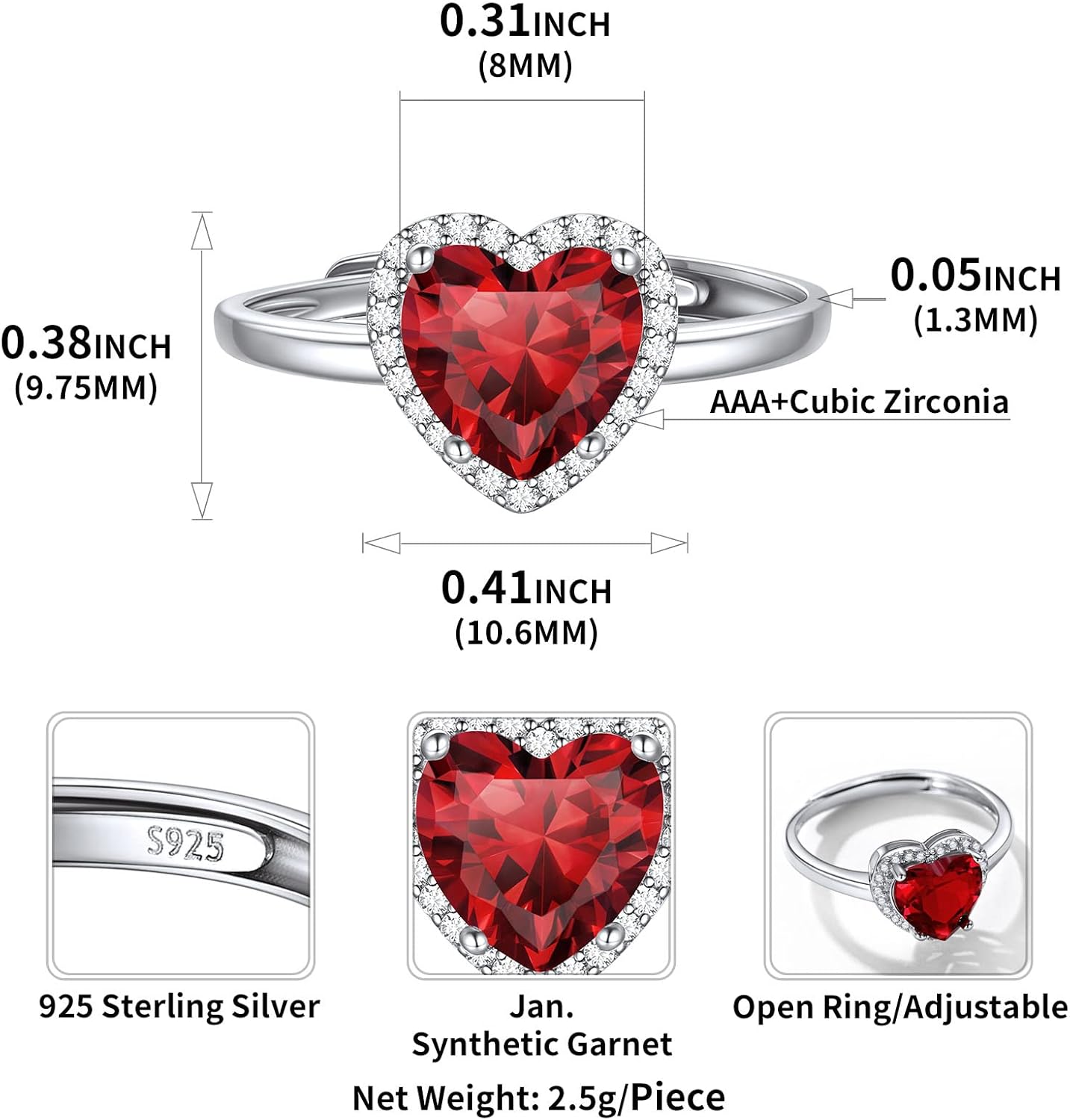 Heart Emerald Cut Birthstone Promise Ring Details: Dimensions, Hypoallergenic, Adjustable size for 6~11
