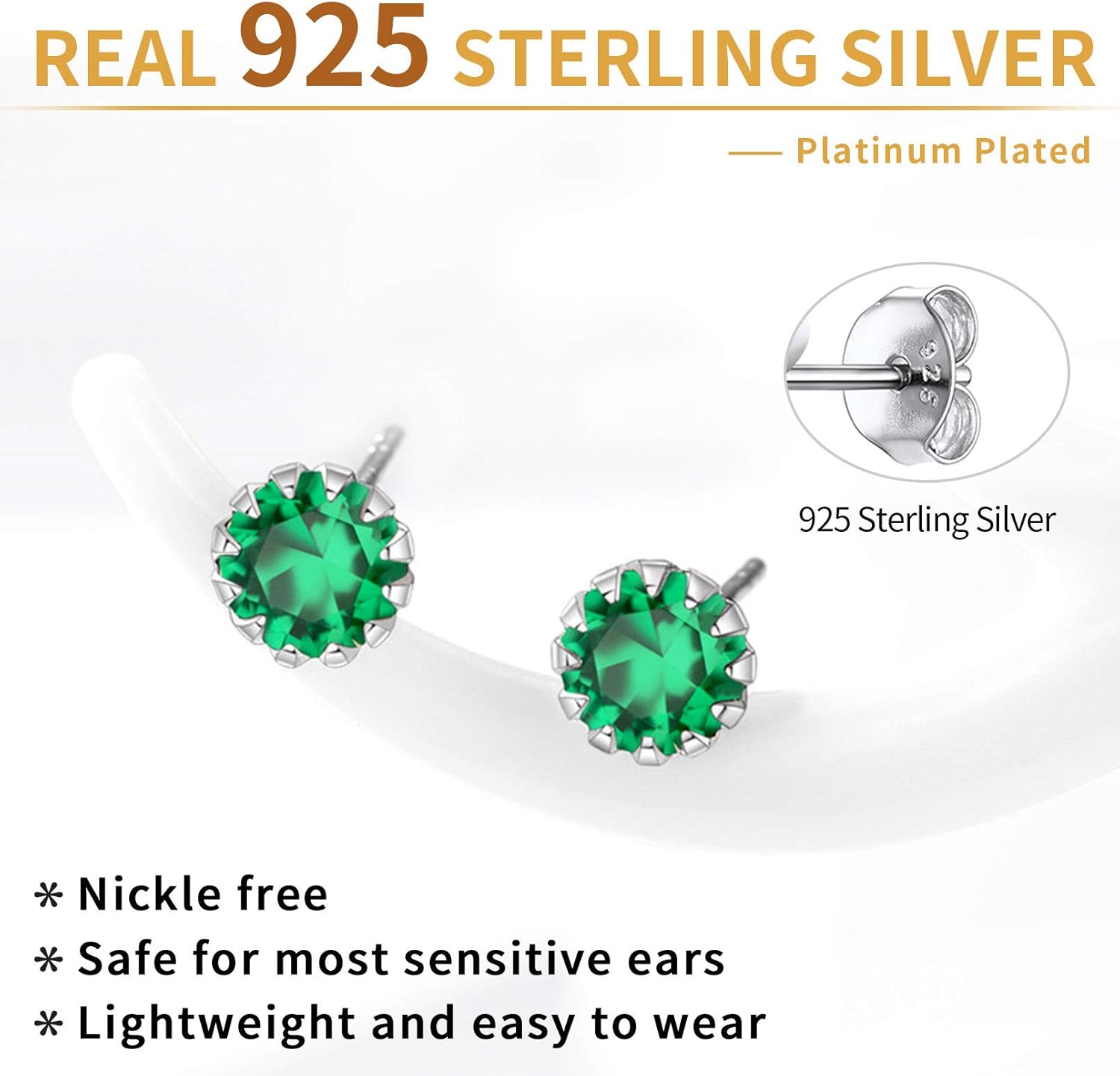 Round Cut Birthstone Stud Earrings for Ladies,  jan birthstone, may birthstone, Emerald Earrings, Taurus Birthstone, Gemini Birthstone, sterling silver earrings, gift idea