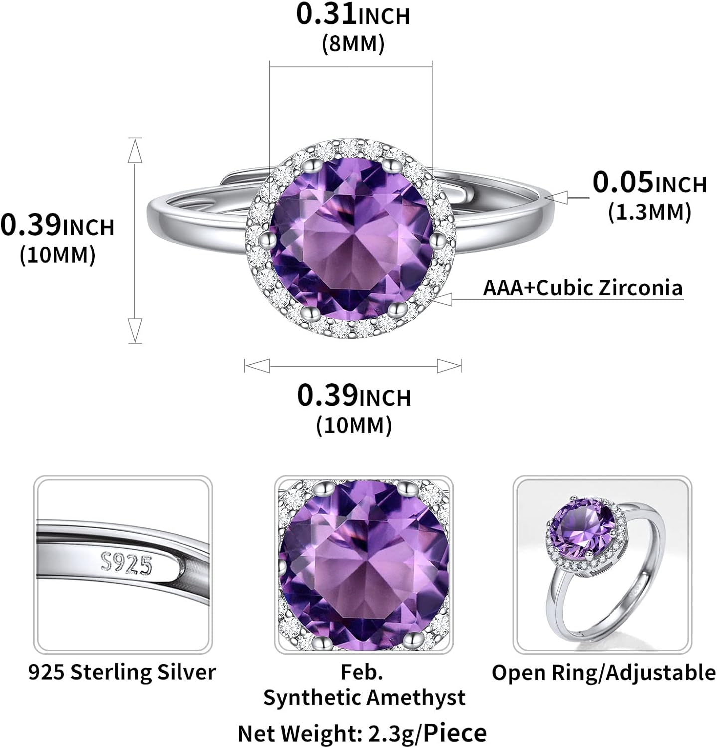 Round Cut Birthstone Promise Ring Details: Dimensions, Hypoallergenic, Adjustable size for 6~11
