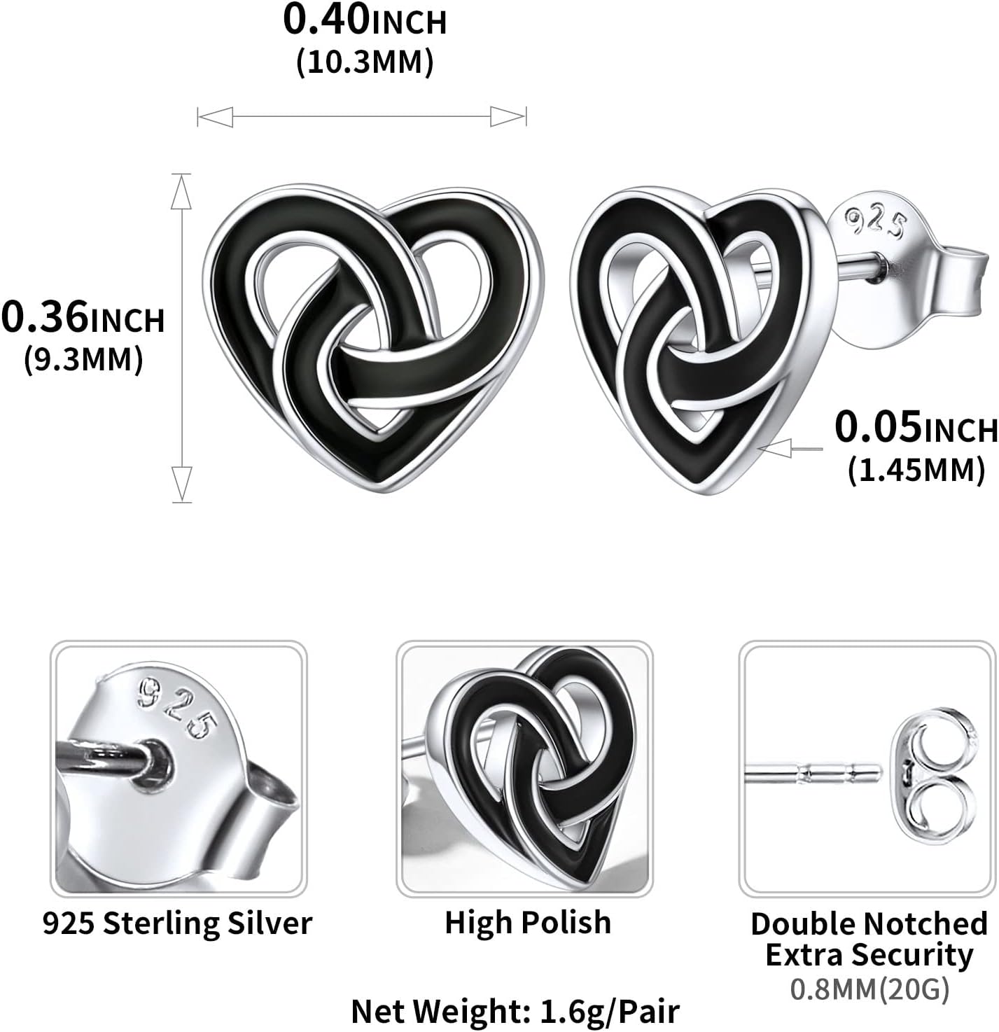 Small Black Heart Celtic Knot Earrings for Women Details: Dimensions, Hypoallergenic, Push Back Finding