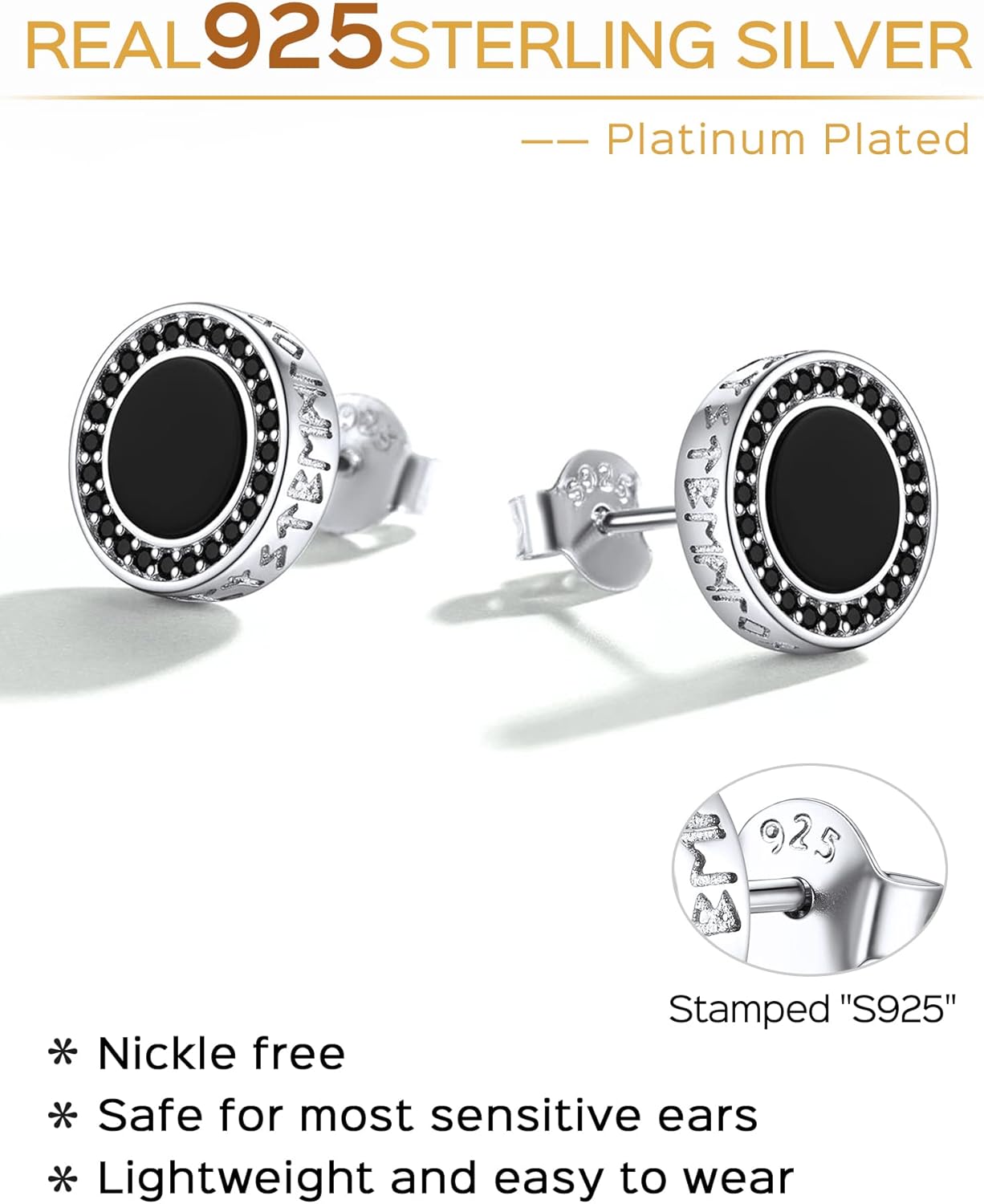 Sterling Silver Black Onyx Viking Rune with Small Black Cubic Zirconia Stud Earrings