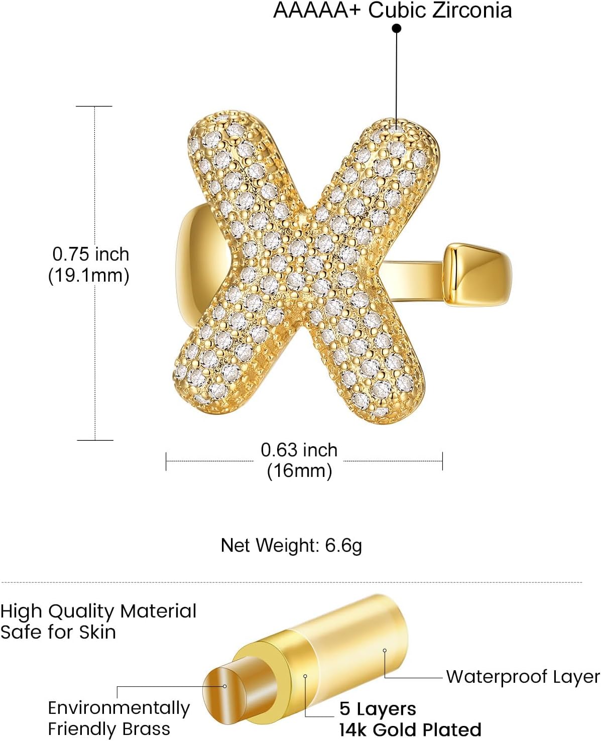 14k Chunky Gold Initial Statement Rings Details: Dimensions, Hypoallergenic, Adjustable size for 6~11