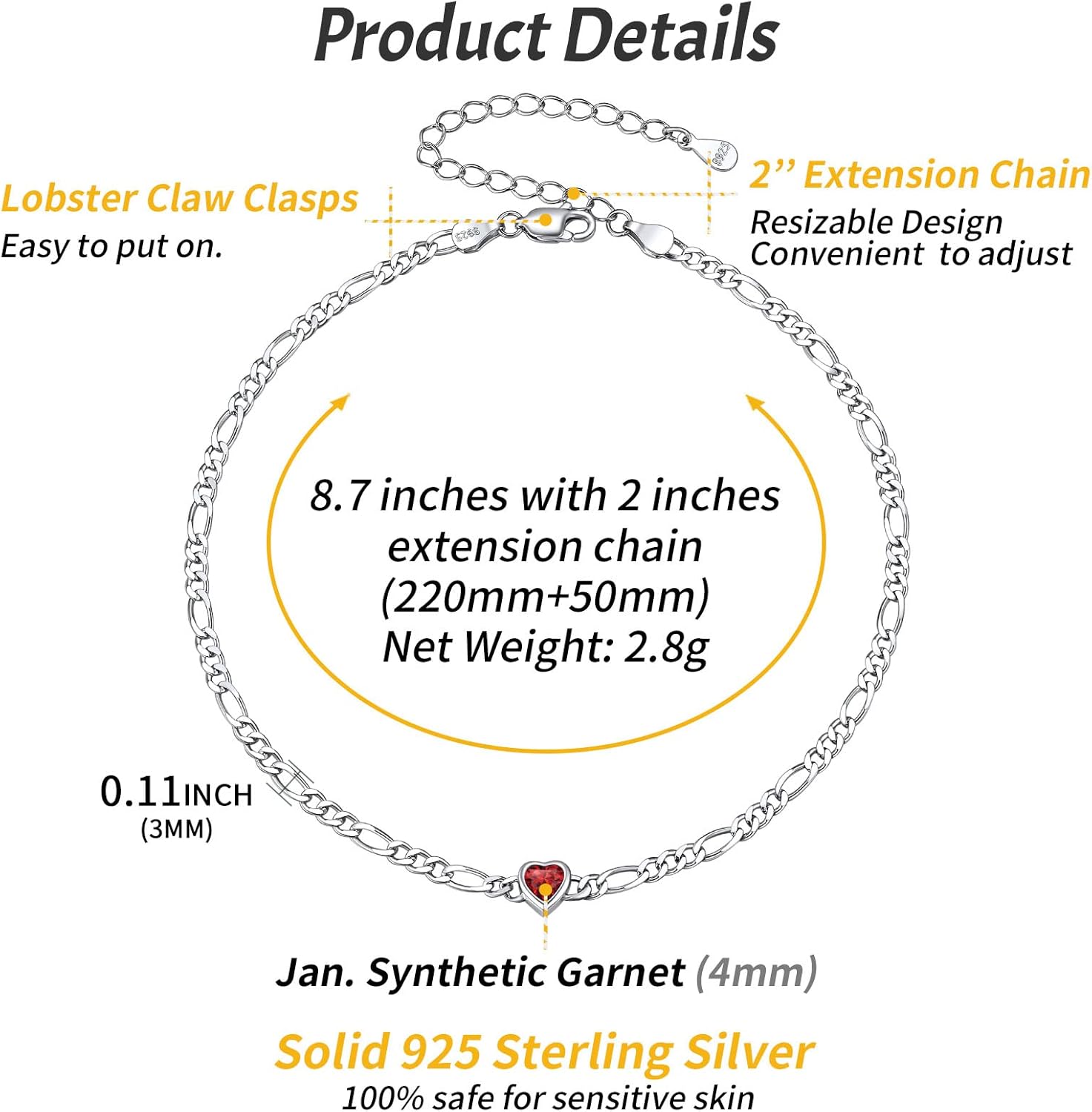 Dainty Heart Birthstone Hypoallergenic Figaro Link Summer Anklets  Details: Dimensions, Hypoallergenic, Lobster-Claw-Clasps