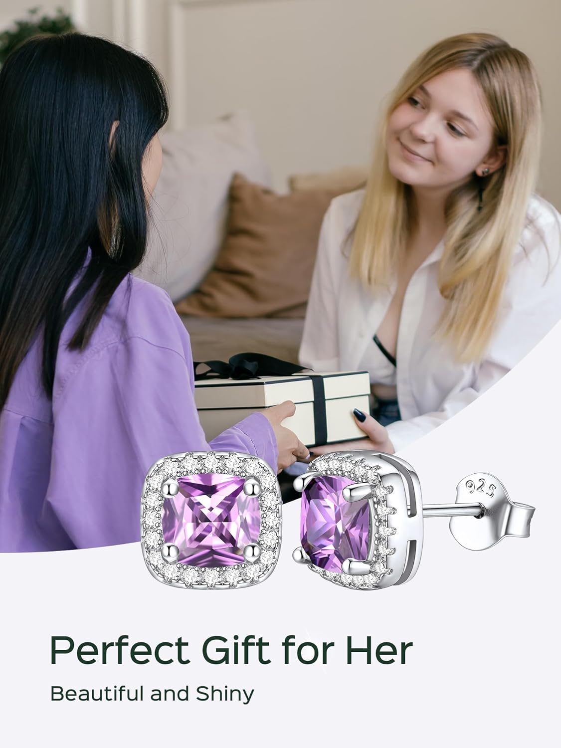 Square Sparkle Halo Birthstone Gemstone & Cubic Zirconia Stud Earrings 