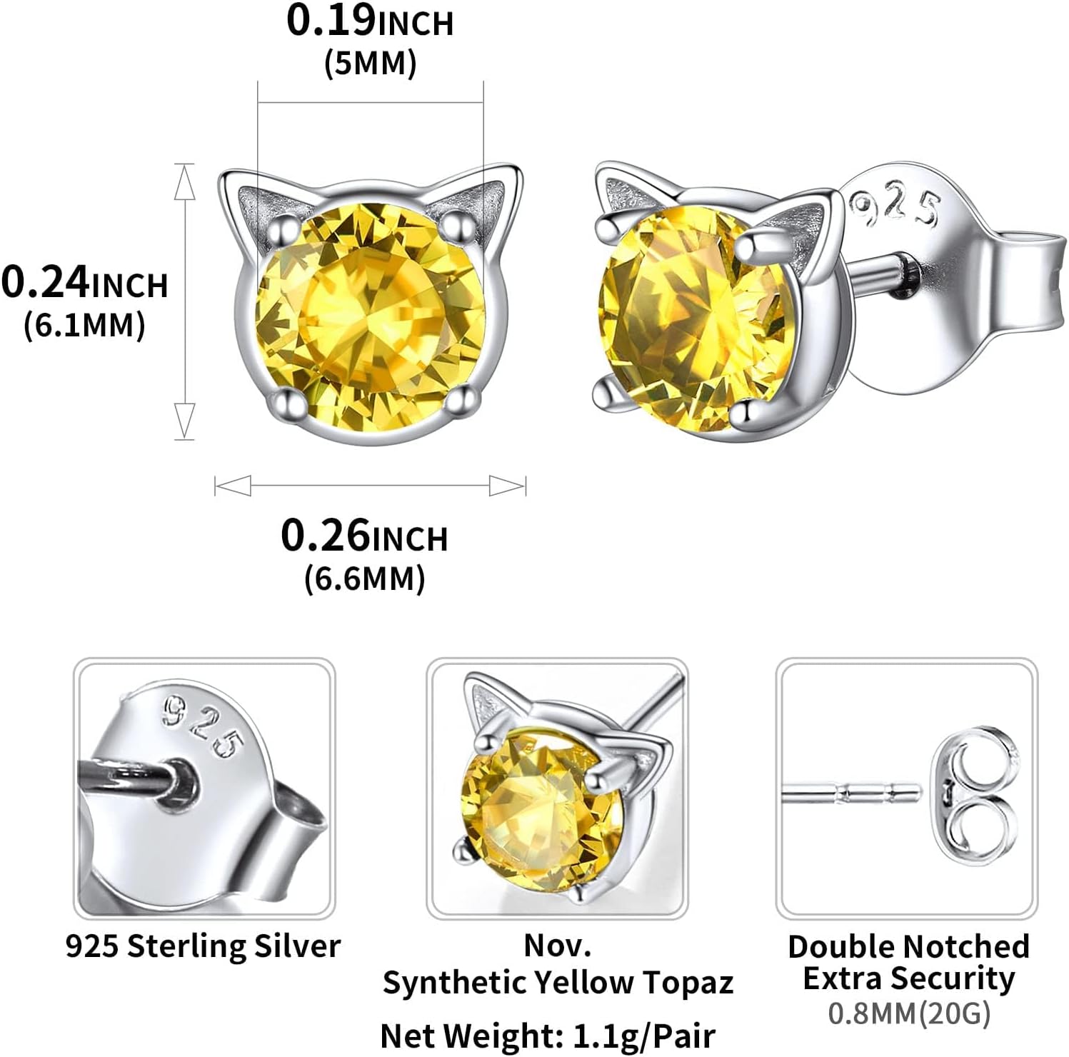 Cute Cat Diamond Birthstone Stud Earrings for women, November birthstone, Citrine Jewelry, Scorpio Birthstone, Sagittarius Birthstone, sterling silver jewelry, memorial gift, gift idea