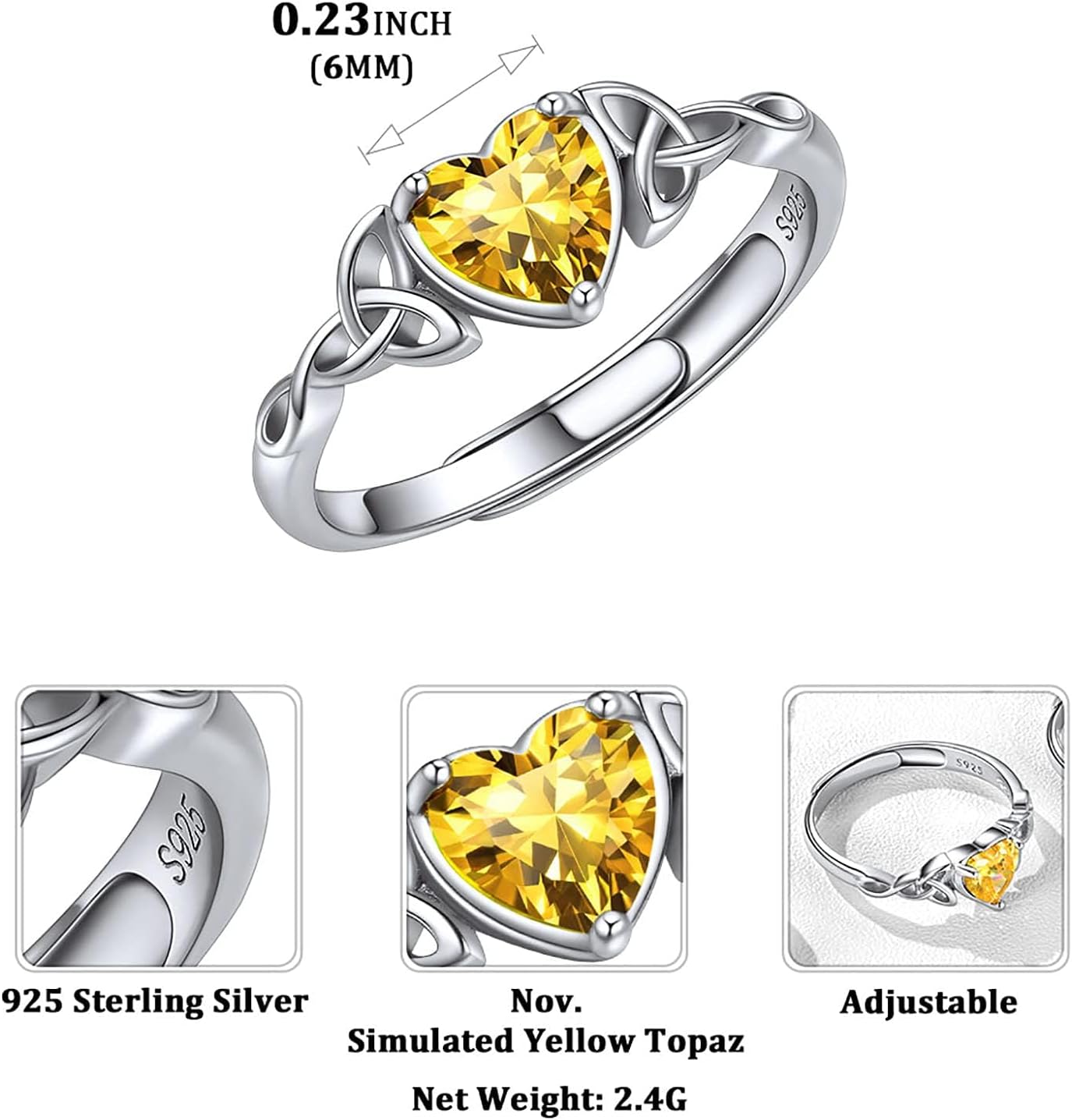 12 Months Celtic Knot & Heart Shape Birthstone Promise Rings for Women, november birthstone, Citrine Jewelry, Scorpio Birthstone, Sagittarius Birthstone, sterling silver promise rings, gift idea