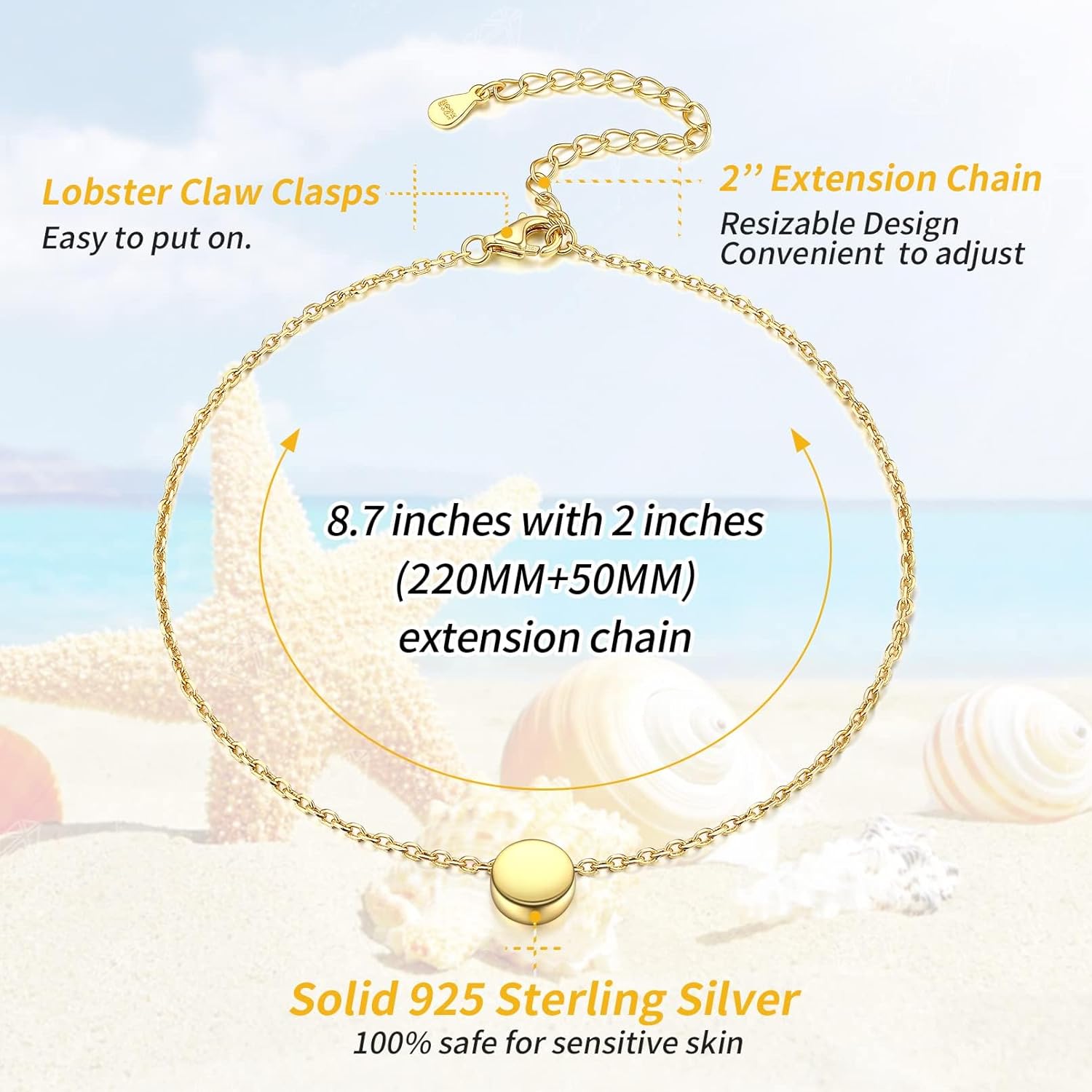 Sterling Silver Adjustable Dainty Dot Round Anklets Details: Dimensions, Hypoallergenic, Lobster-Claw-Clasps