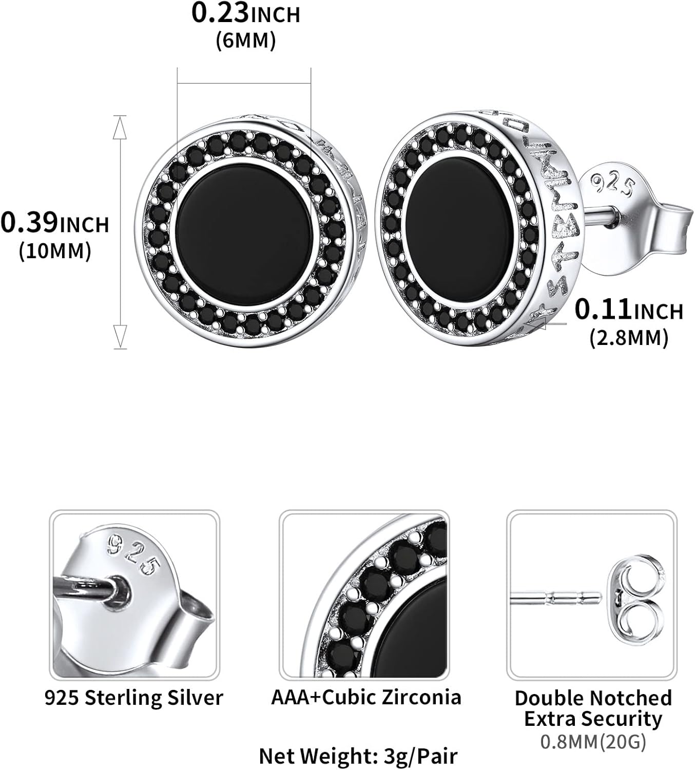 Black Onyx Viking Rune with Small Black Cubic Zirconia Stud Earrings Details: Dimensions, Hypoallergenic, Push Back Finding