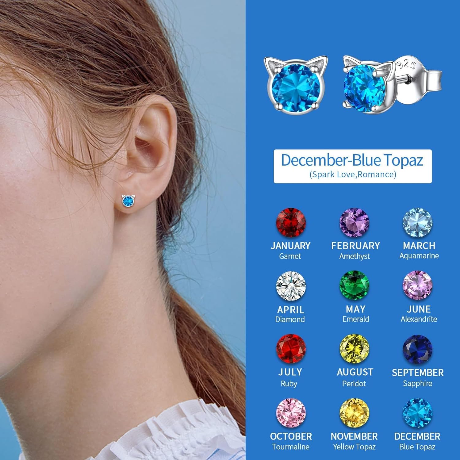 Cute Cat Diamond Birthstone Stud Earrings for women,  december birthstone, Blue Topaz Jewelry, Sagittarius Birthstone,  topaz birthstone, Capricorn Birthstone, christmas gift, gift idea