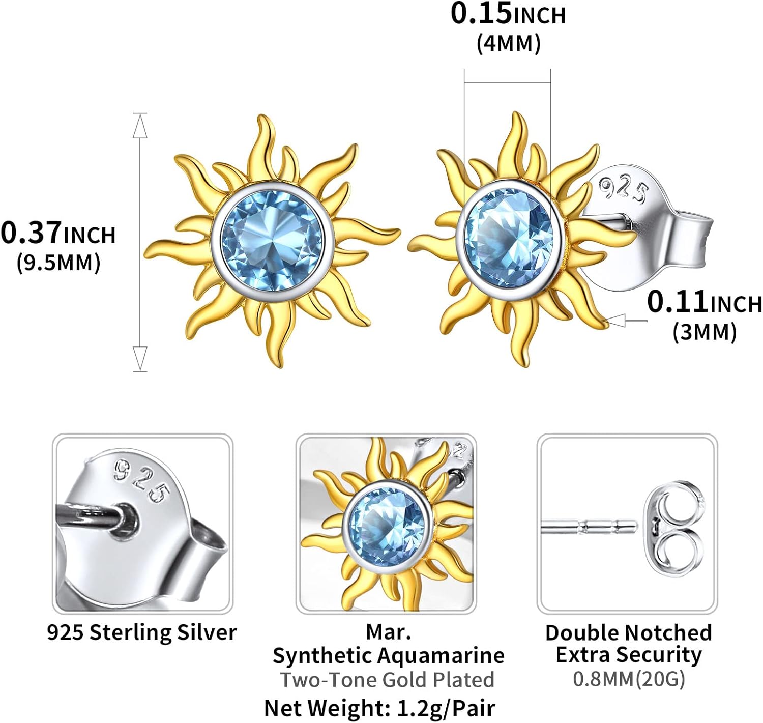 Hypoallergenic Sun Birthstone Earrings for Women, march birthstone, Aquamarine Earrings, Pisces Birthstone, Aries Birthstone, sterling silver jewelry, gift idea