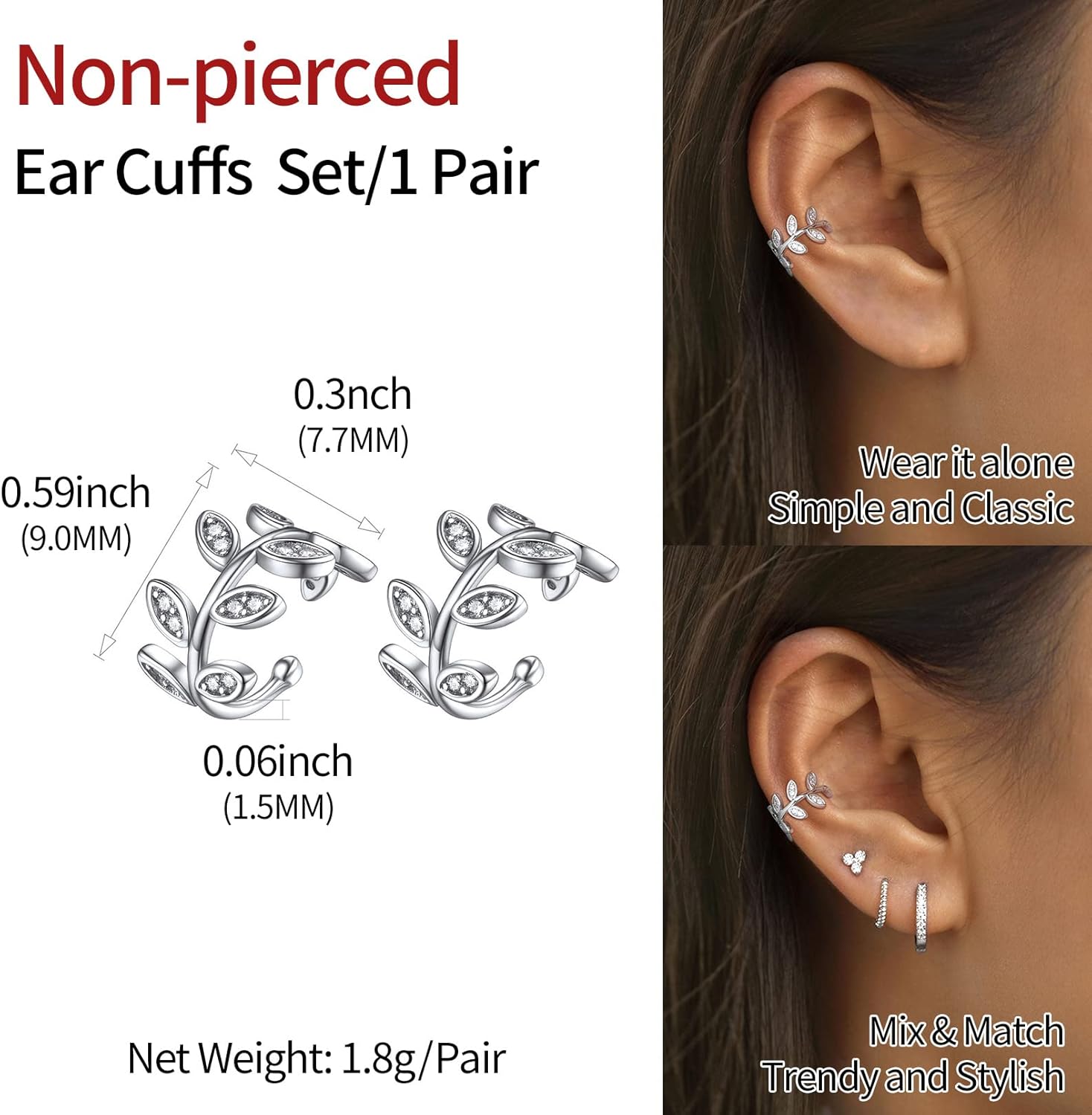 Cubic Zirconia Leaf Non Piercing Clip on Cartilage Cuff Earrings