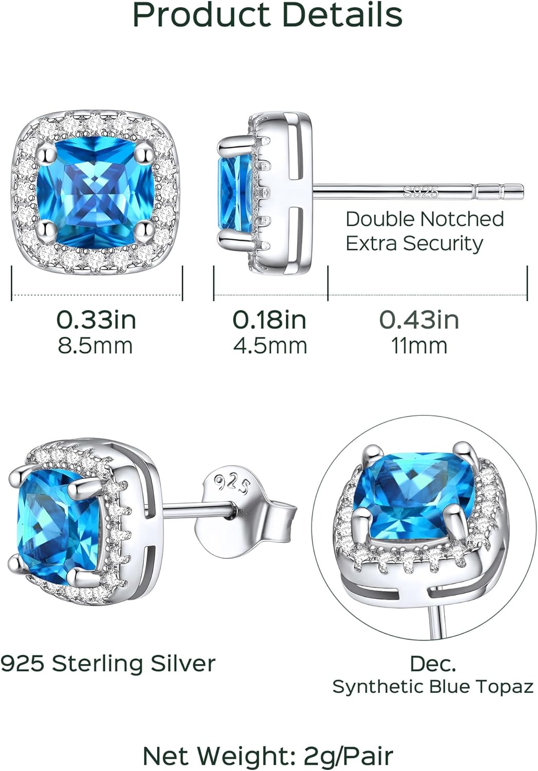 Square Sparkle Halo Birthstone Gemstone & Cubic Zirconia Stud Earrings Details: Dimensions, Hypoallergenic, Push Back Finding