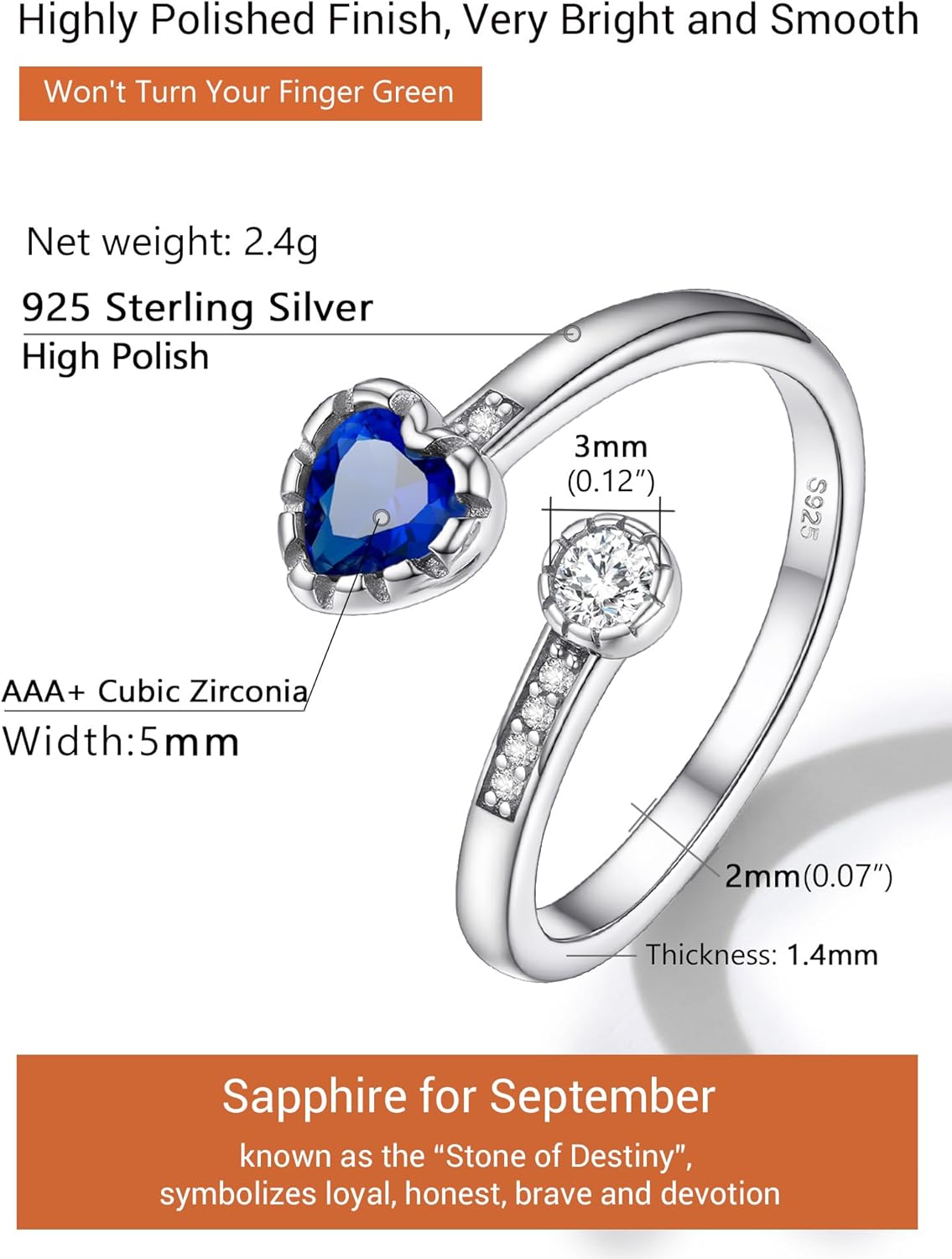 Heart Birthstone and White Cubic Zirconia Adjustable Ring Details: Dimensions, Hypoallergenic, Adjustable size for 6~11