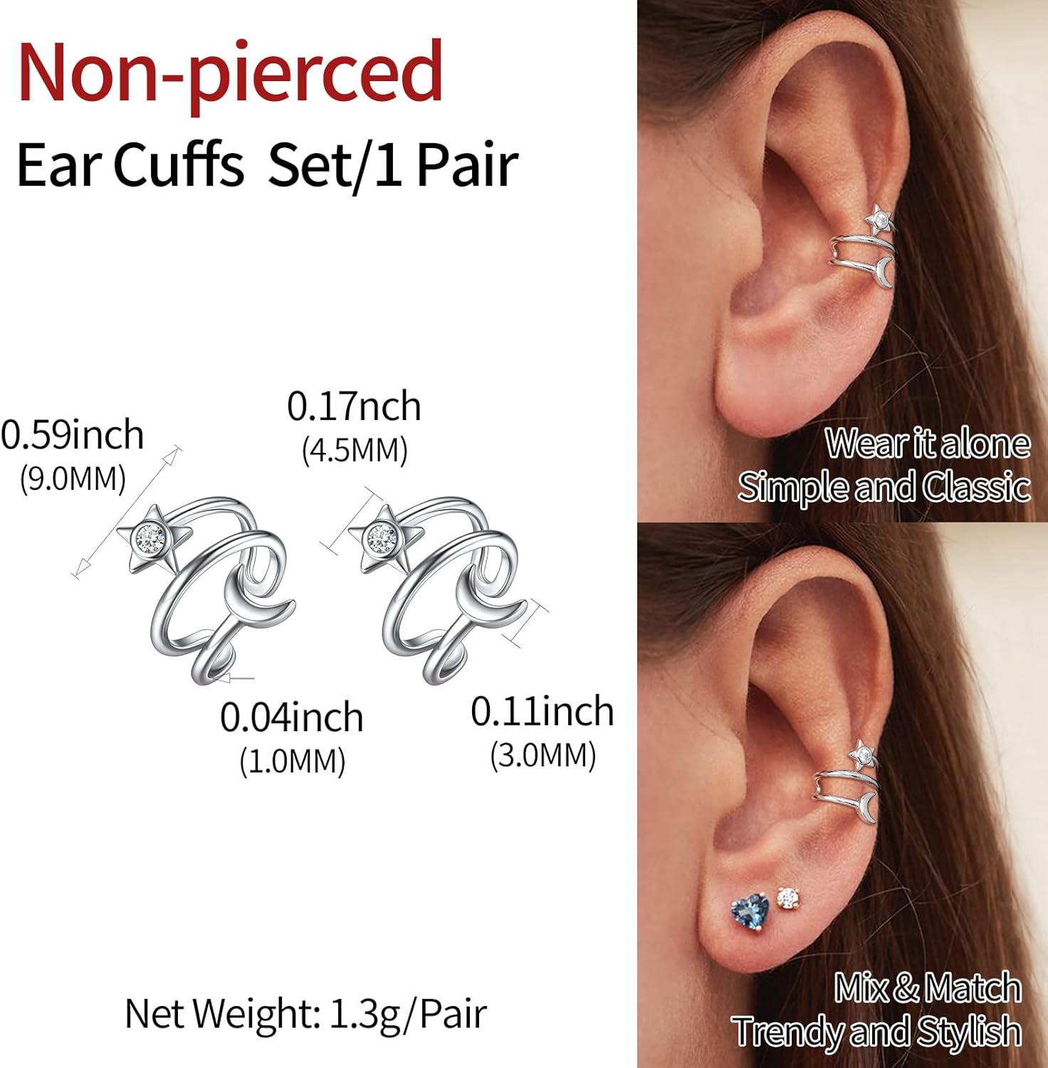 Star & Moon Non Piercing Clip on Cartilage Cuff Earrings