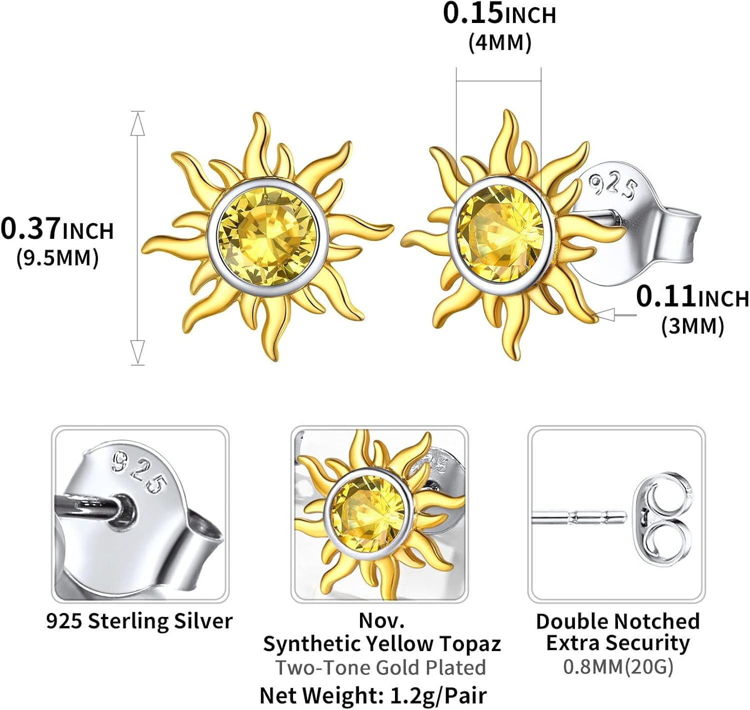 Hypoallergenic Sun Birthstone Earrings for Women, November birthstone, Citrine Jewelry, Scorpio Birthstone, Sagittarius Birthstone, sterling silver jewelry, memorial gift, gift idea