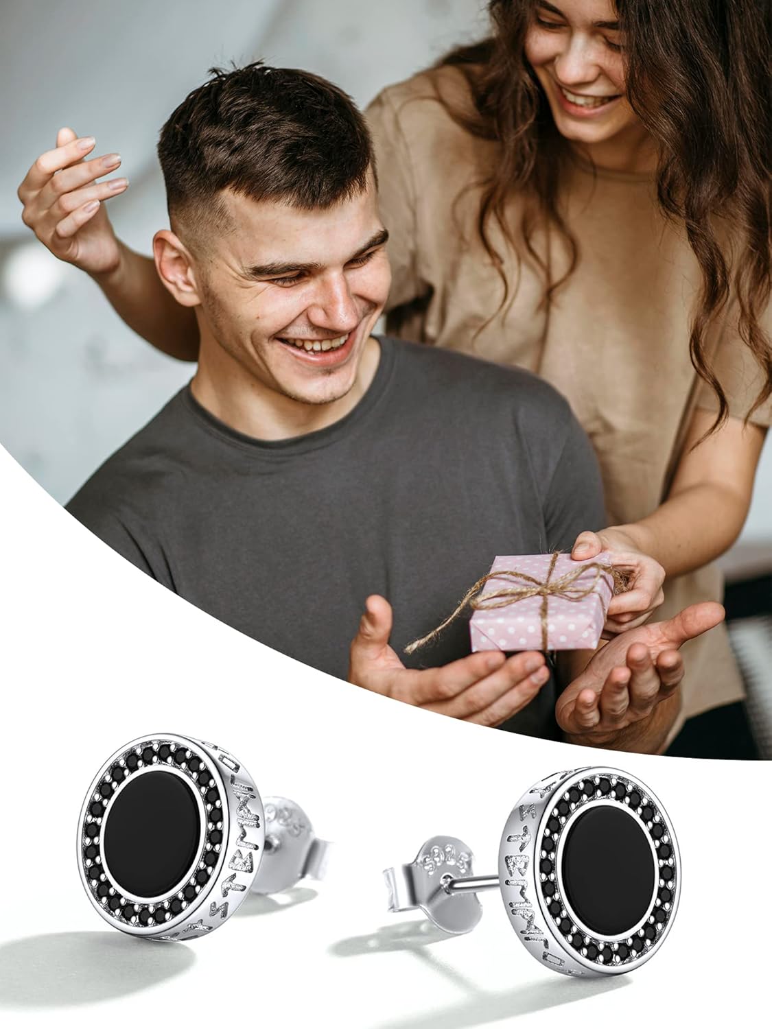 Black Onyx Viking Rune with Small Black Cubic Zirconia Stud Earrings, memorial gift