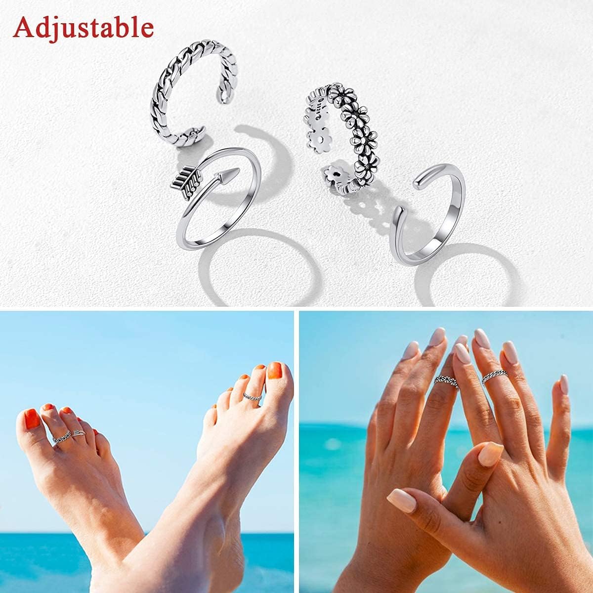 4 PCS Flower Arrow Band Hypoallergenic Open Adjustable Tail Toe Ring Set