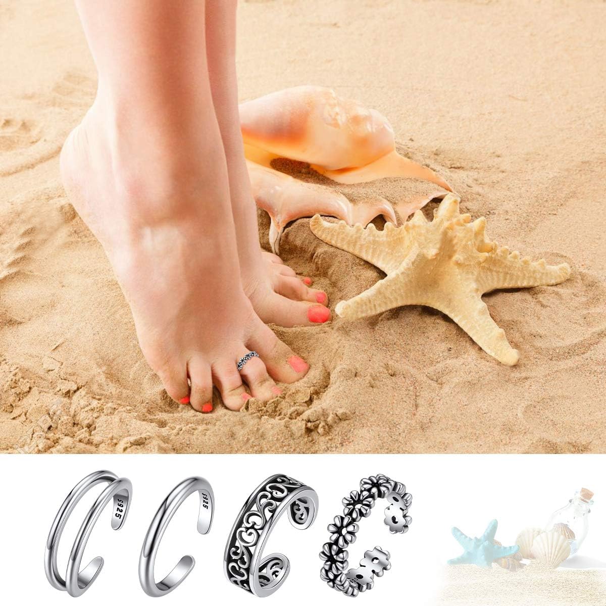 4PCS Adjustable Open Tail Band Hawaiian Toe Ring for Women