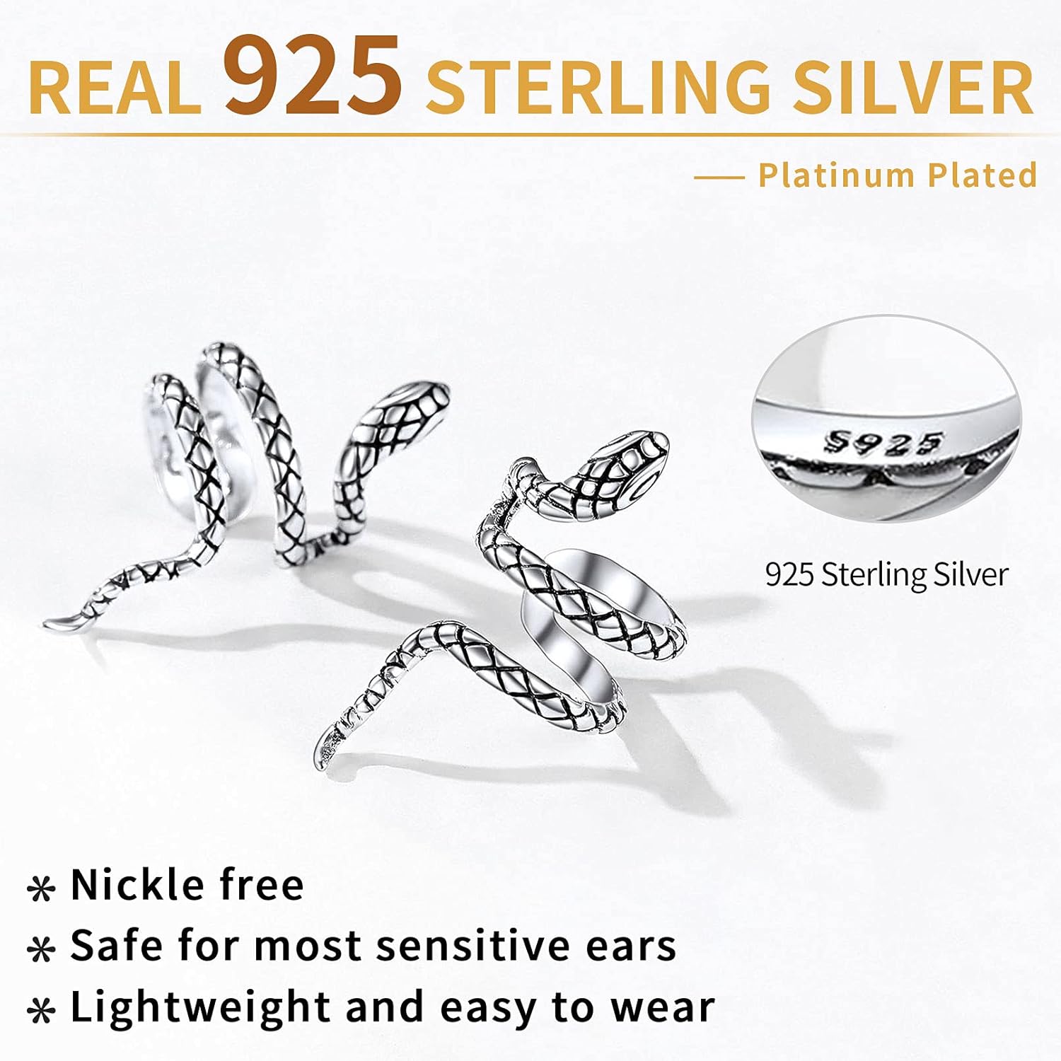 Sterling Silver Snake Cuffs Non Piercing Stud Earrings