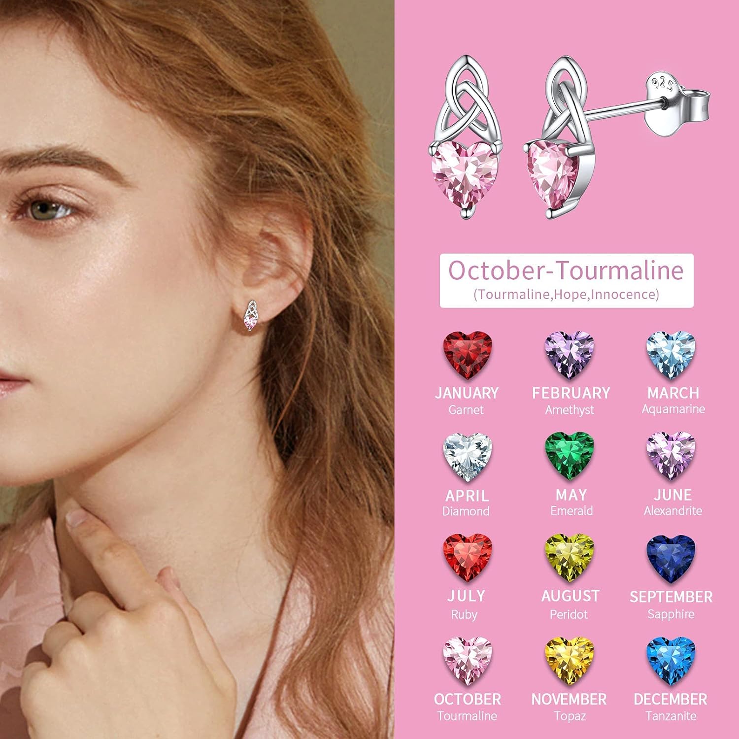 Brilliant Heart Cut Birthstone & Celtic Knot Stud Earrings