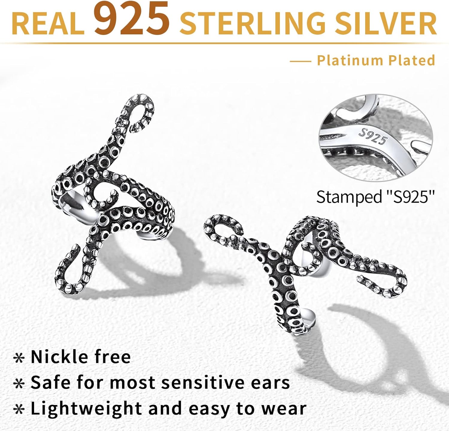 Sterling Silver Octopus Tentacle Non-Piercing Cartilage Earrings