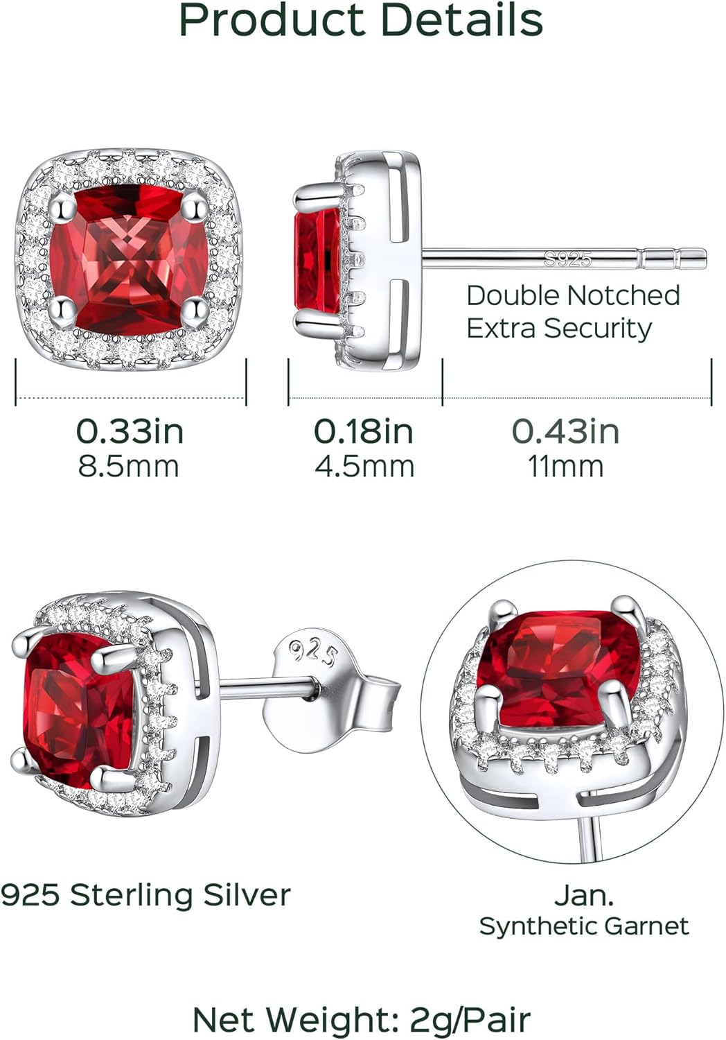 Square Sparkle Halo Birthstone Gemstone & Cubic Zirconia Stud Earrings Details: Dimensions, Hypoallergenic, Push Back Finding