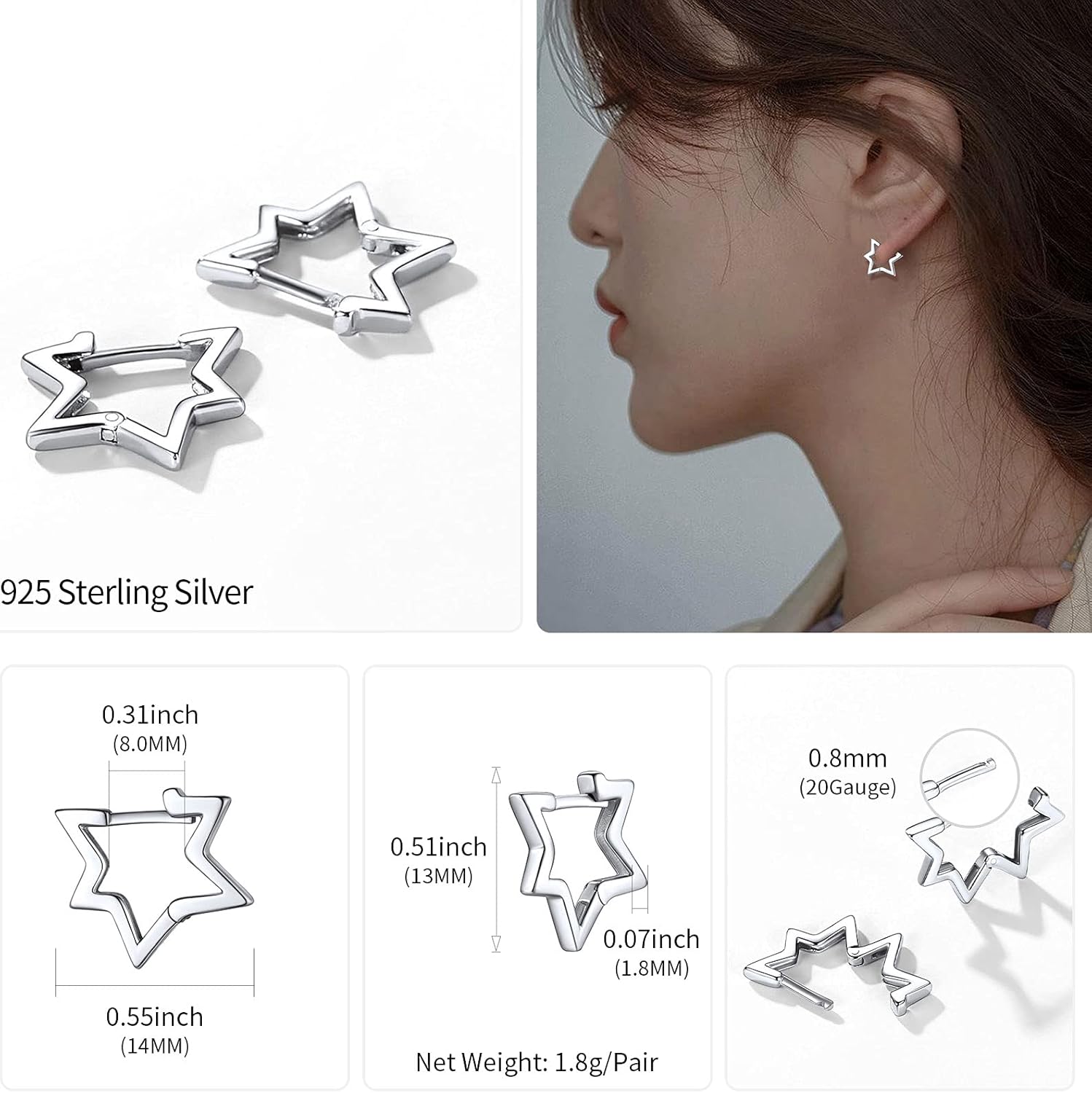ChicSilver Sterling Silver Star Open Chunky Hoop Earrings for Women, Ladies, Couples, girlfriend, wife