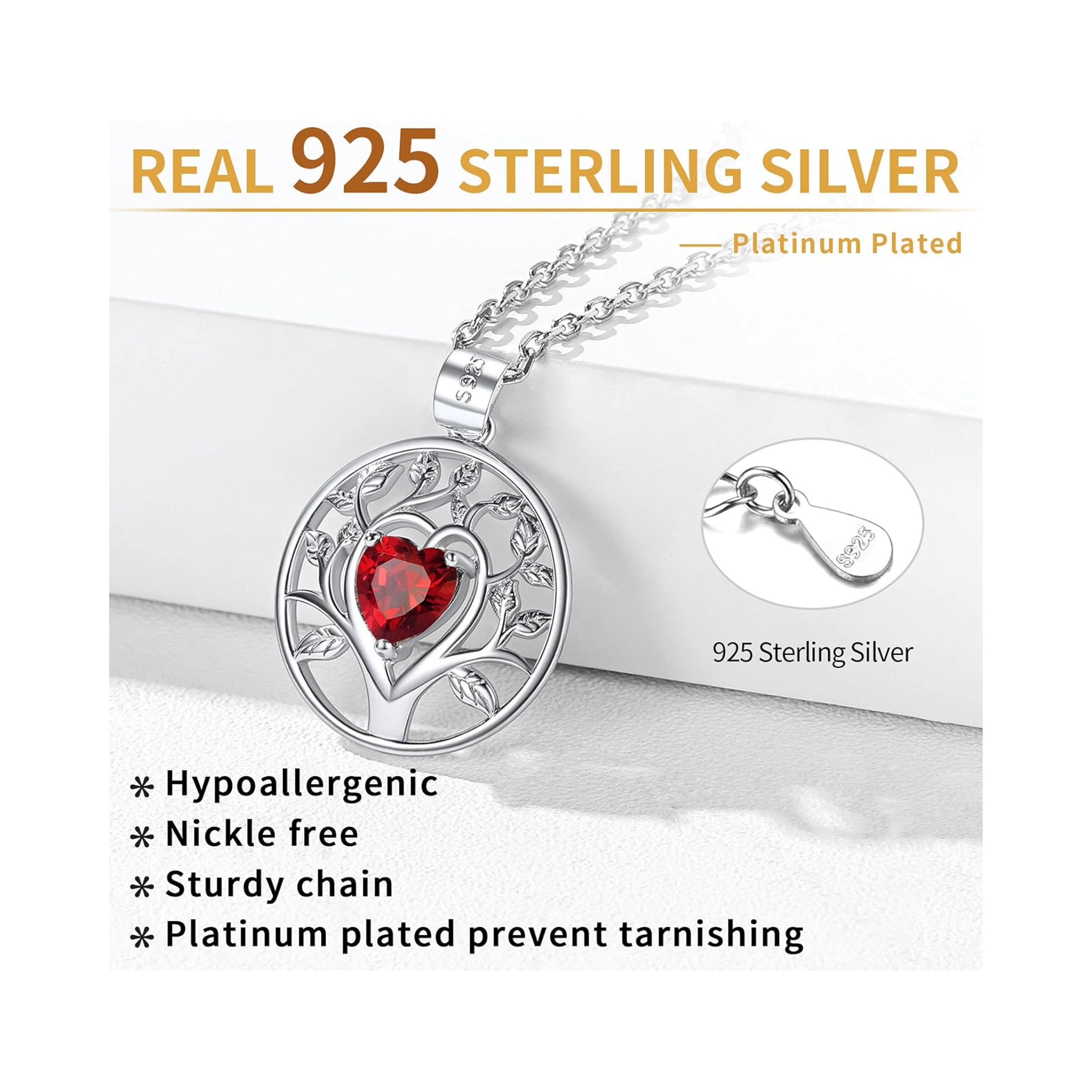 Sterling Silver Tree of Life Pendant Necklace Embellished with Heart Shape Birthstone