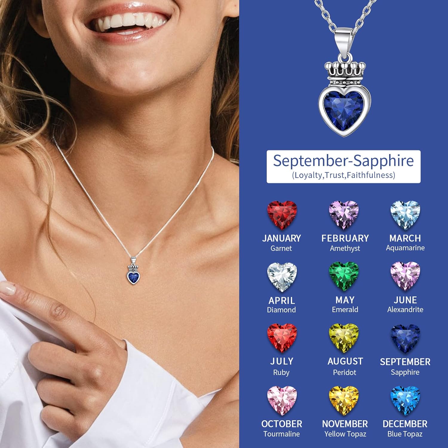 Crown & Heart Necklace in Different Month Colors