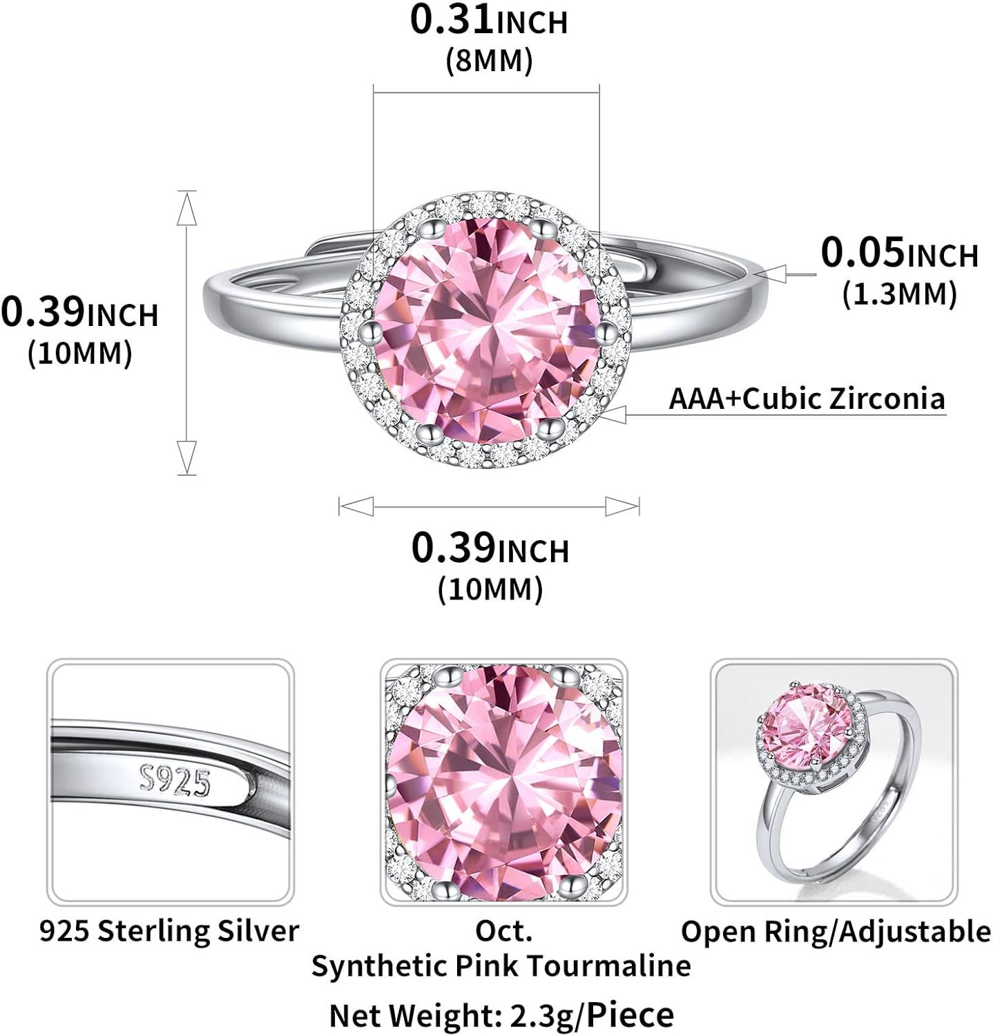 Round Cut Birthstone Promise Ring Details: Dimensions, Hypoallergenic, Adjustable size for 6~11