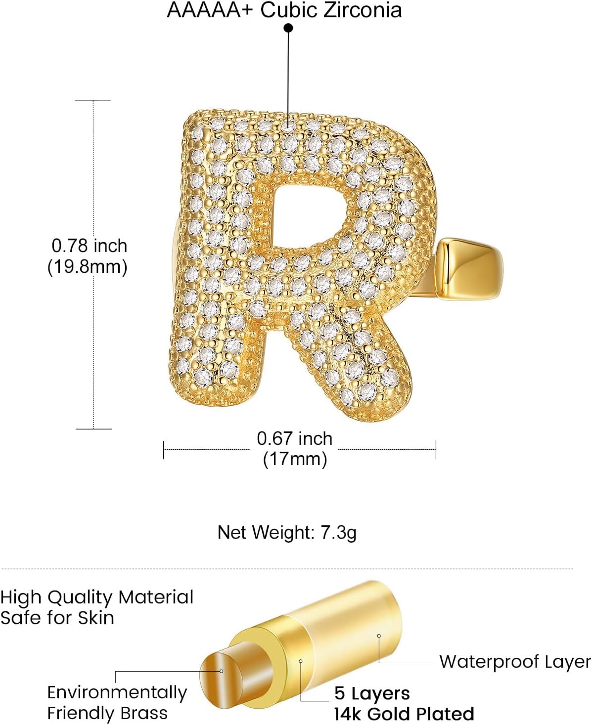 14k Chunky Gold Initial Statement Rings Details: Dimensions, Hypoallergenic, Adjustable size for 6~11