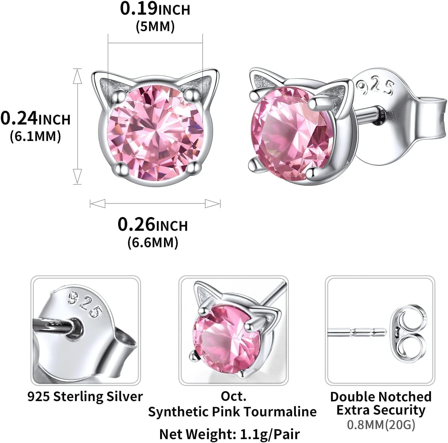 Cute Cat Diamond Birthstone Stud Earrings for women, october birthstone, Pink Tourmaline Jewelry, Libra Birthstone, Scorpio Birthstone, sterling silver Jewelry, gift idea