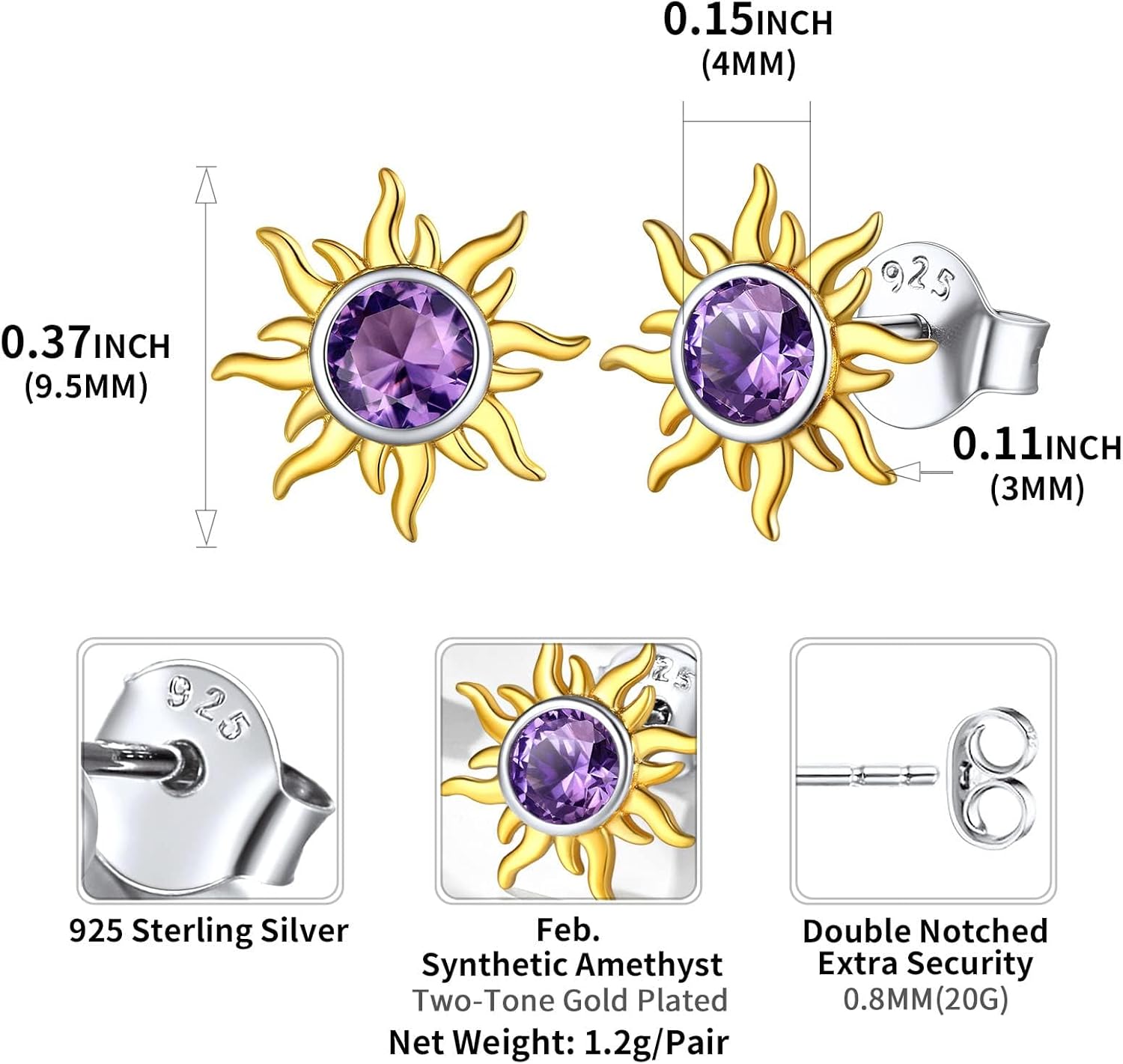 Hypoallergenic Sun Birthstone Earrings for Women, February birthstone, Amethyst Jewelry, Pisces Birthstone, Aquarius Birthstone, sterling silver earrings, gift idea