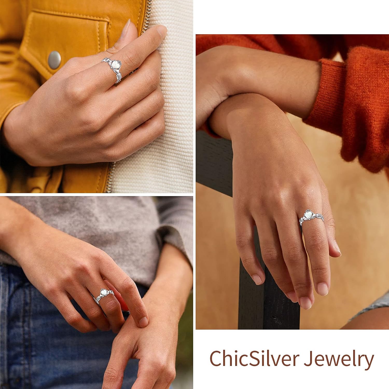 White Opal Claddagh Heart Shape Birthstone Promise Ring for Women