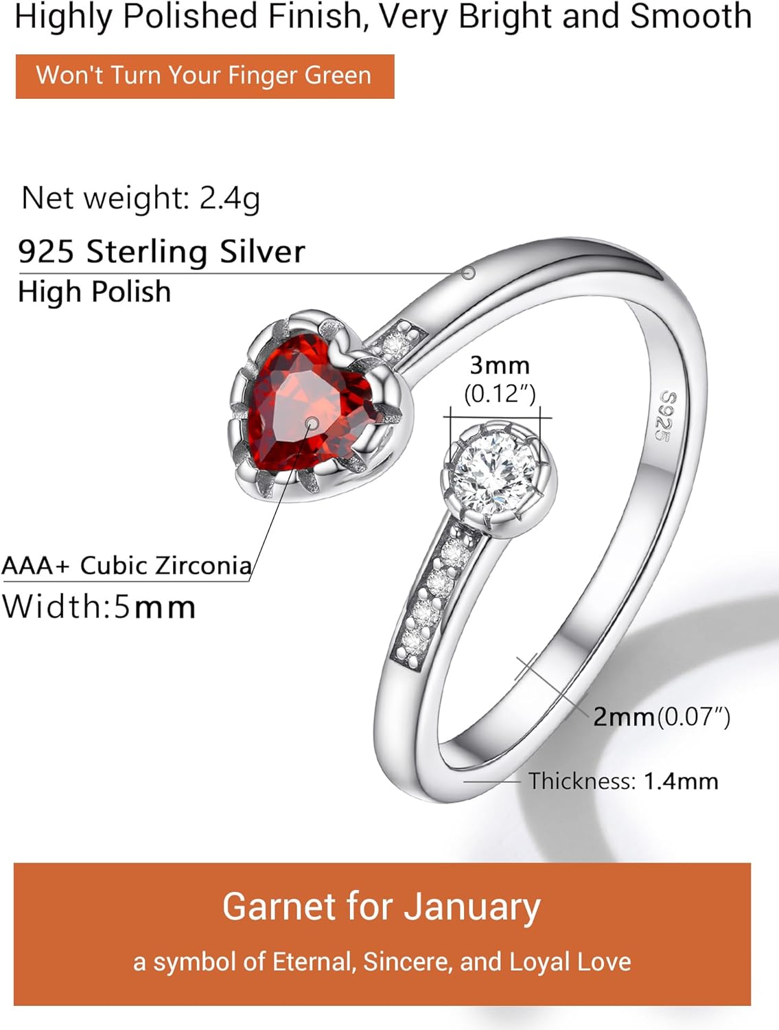 Heart Birthstone and White Cubic Zirconia Adjustable Ring Details: Dimensions, Hypoallergenic, Adjustable size for 6~11