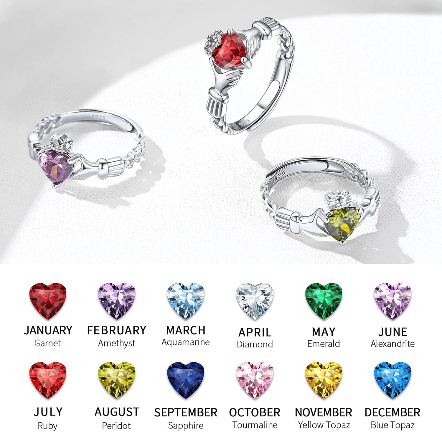 12 Months Celtic Knot Claddagh & Crown Heart Shape Birthstone Promise Ring for Women, jan birthstone, Garnet rings, Capricorn Birthstone, Aquarius Birthstone, sterling silver jewelry, gift idea