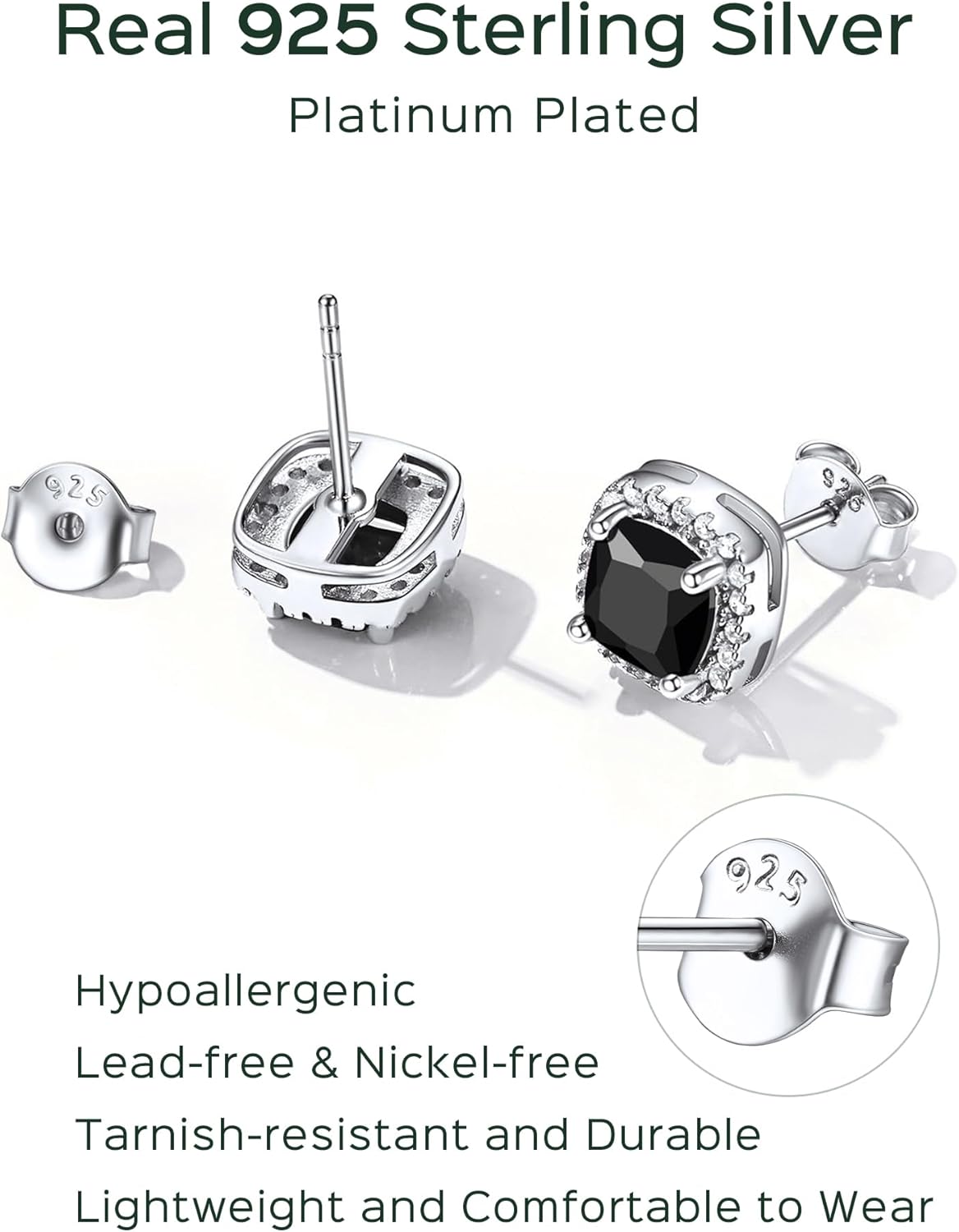 Sterling Silver Black Square Sparkle Halo Birthstone Gemstone & Cubic Zirconia Stud Earrings 