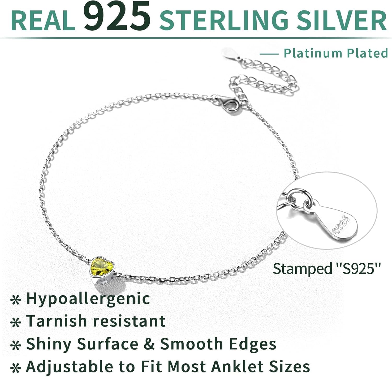 Sterling Silver Bride Heart Birthstone Wedding Anklets