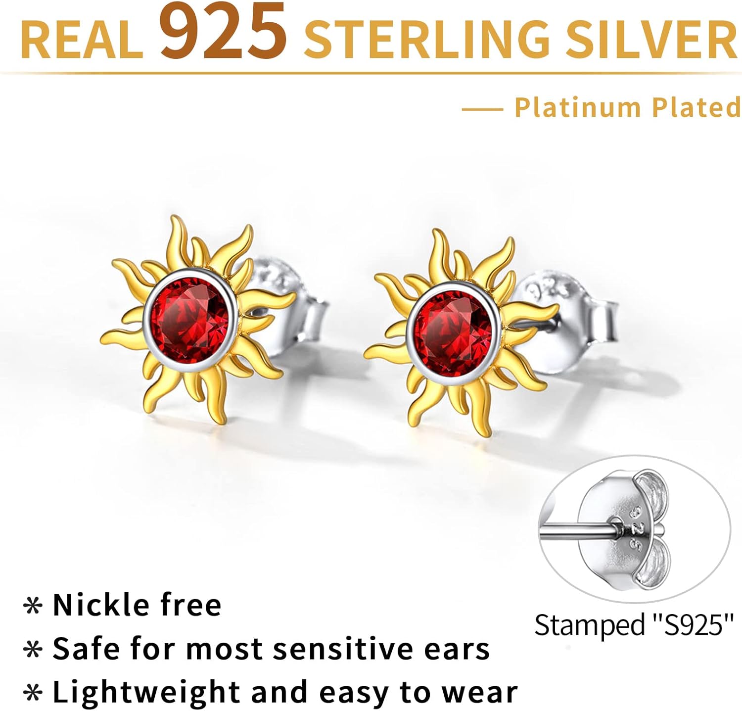 Hypoallergenic Sun Birthstone Earrings for Women, jan birthstone, Garnet birthstone, Capricorn Birthstone, Aquarius Birthstone, sterling silver jewelry, gift idea