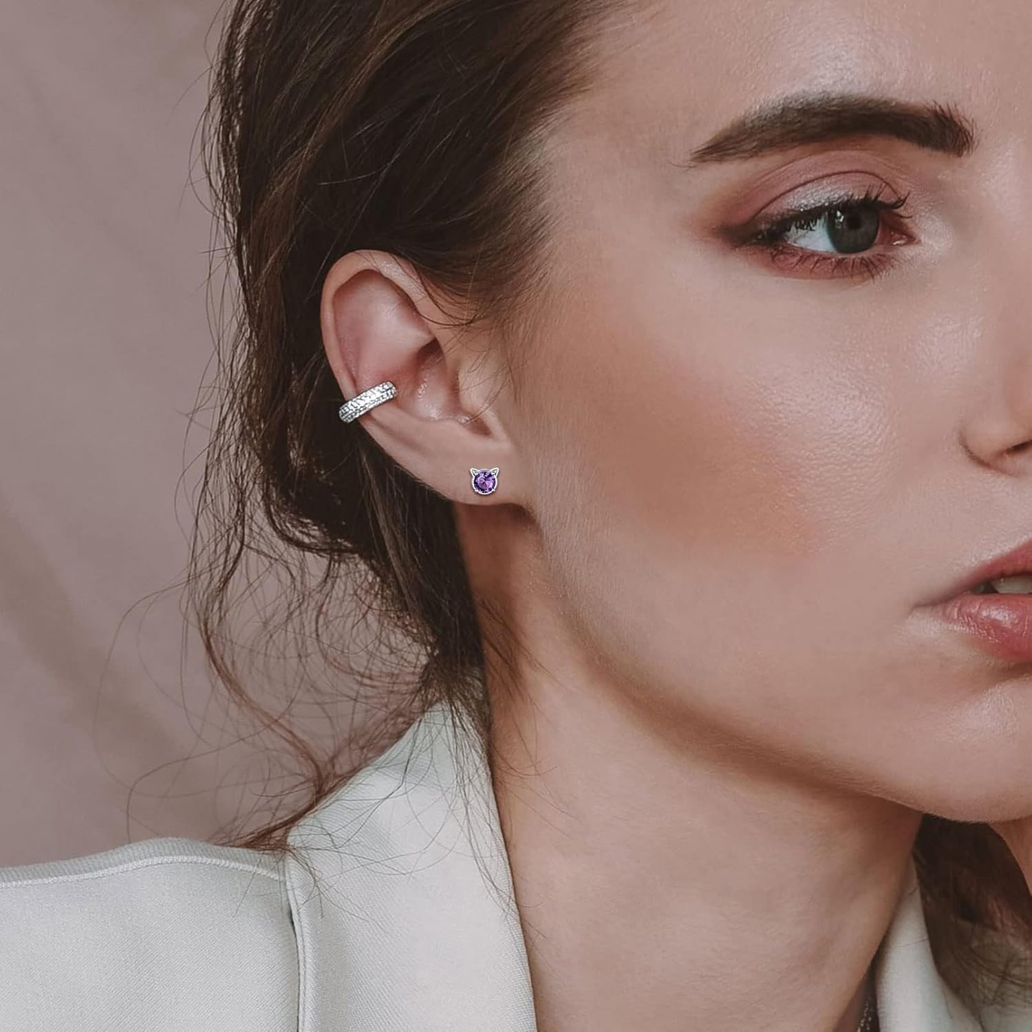 Cute Cat Diamond Birthstone Stud Earrings for women, February birthstone, Amethyst Jewelry, Pisces Birthstone, Aquarius Birthstone, sterling silver Earrings, gift idea