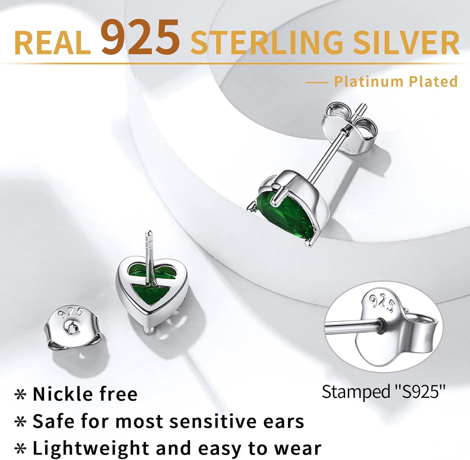 Sparkling Heart Cut Birthstone & Cubic Zirconia May Diamond Earring Studs