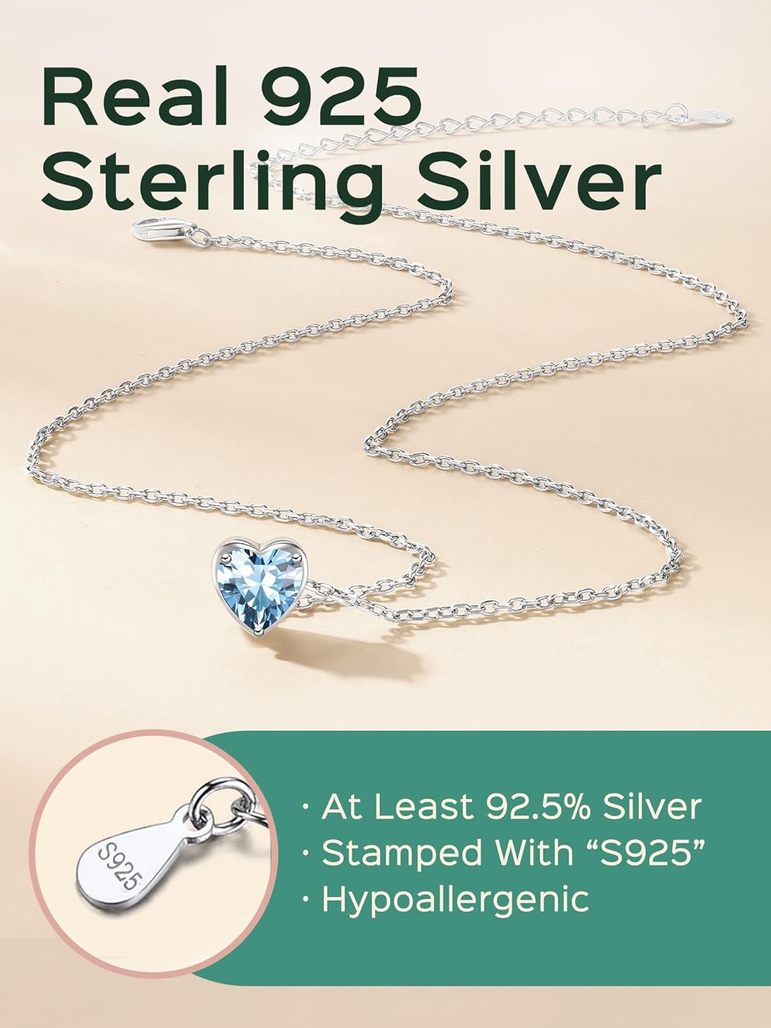 Love Heart March Aquamarine Gemstone Pendant Necklace