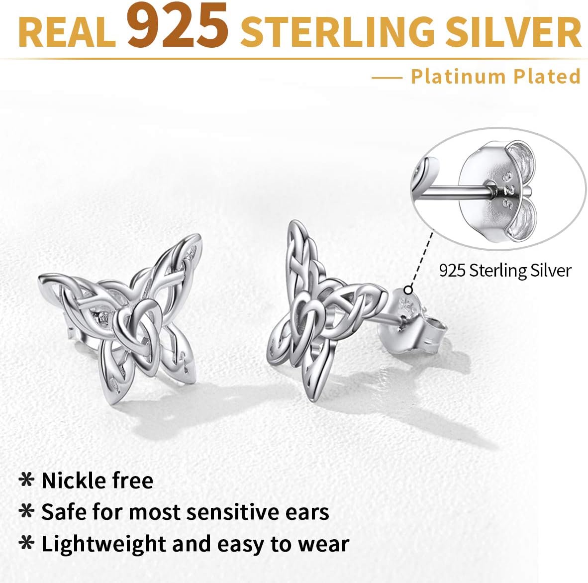 Sterling Silver Good Luck Celtic Knot Butterfly Stud Earrings