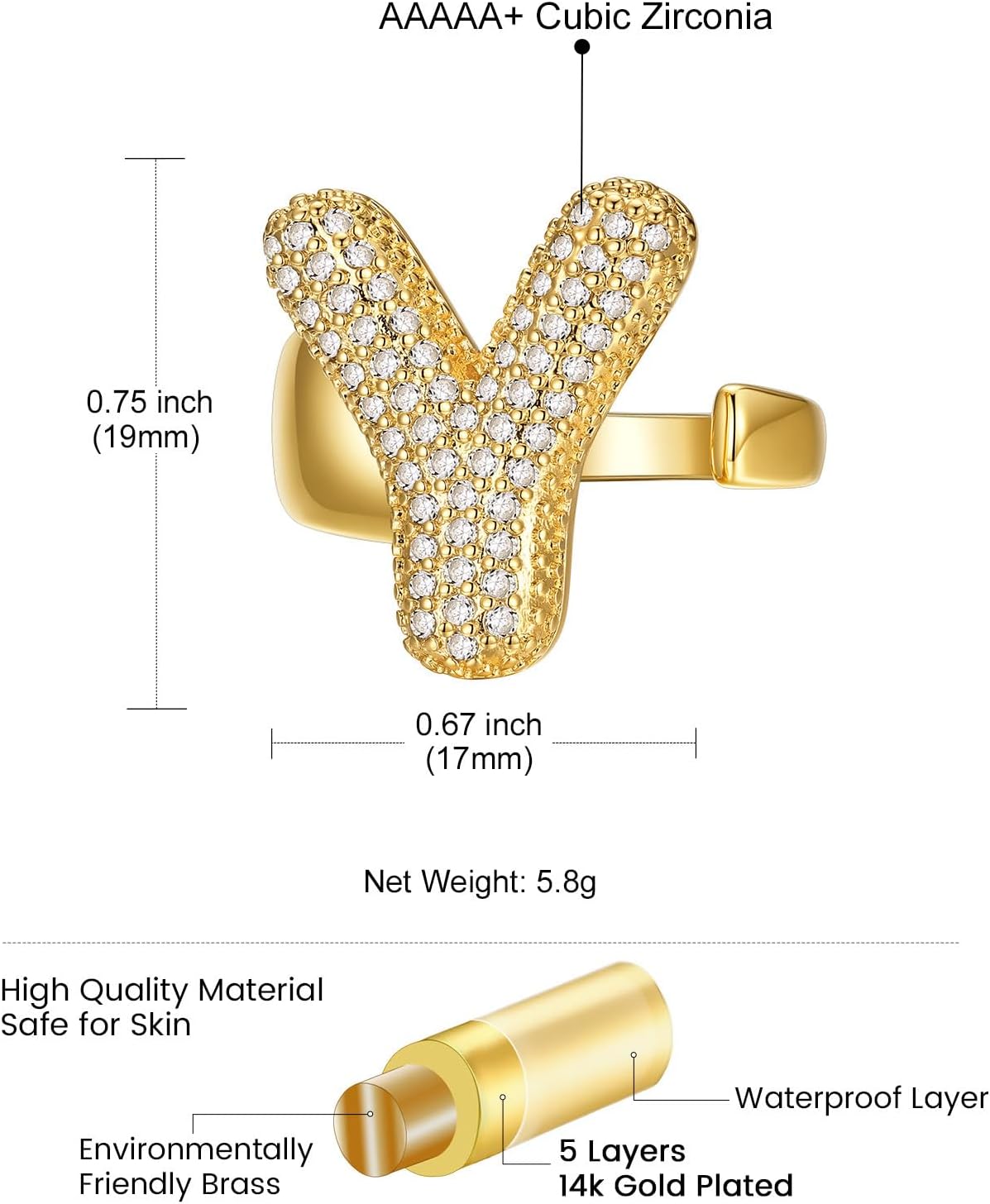 14k Chunky Gold Initial Statement Rings Details: Dimensions, Hypoallergenic, Adjustable size for 6~11