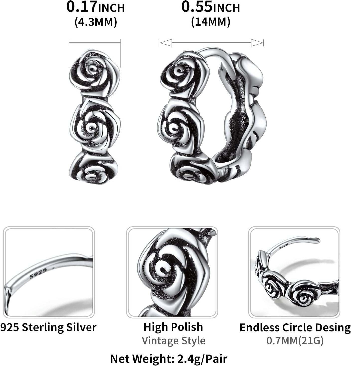 ChicSilver Sterling Silver Vintage Rose Flower Huggie Hoop Earrings Details: Dimensions, Hypoallergenic, Hinged Hoop